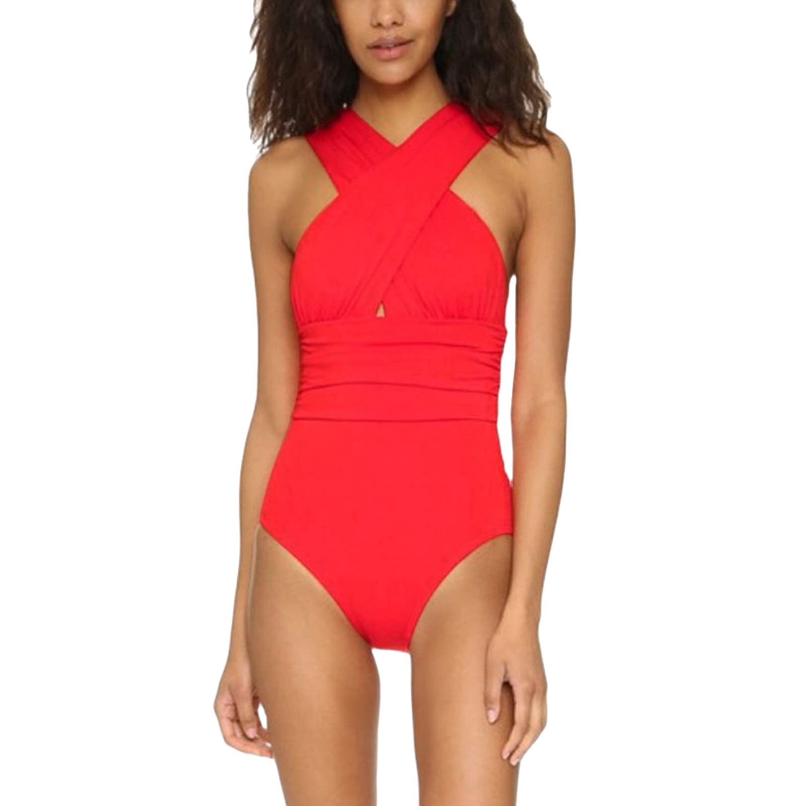 Women's Solid Color Waist-High Halter Padded Backless Tankini Bikini One Strap One Piece Swimsuit - Sexy Summer Swimwear for Beach, Pool & Vacation