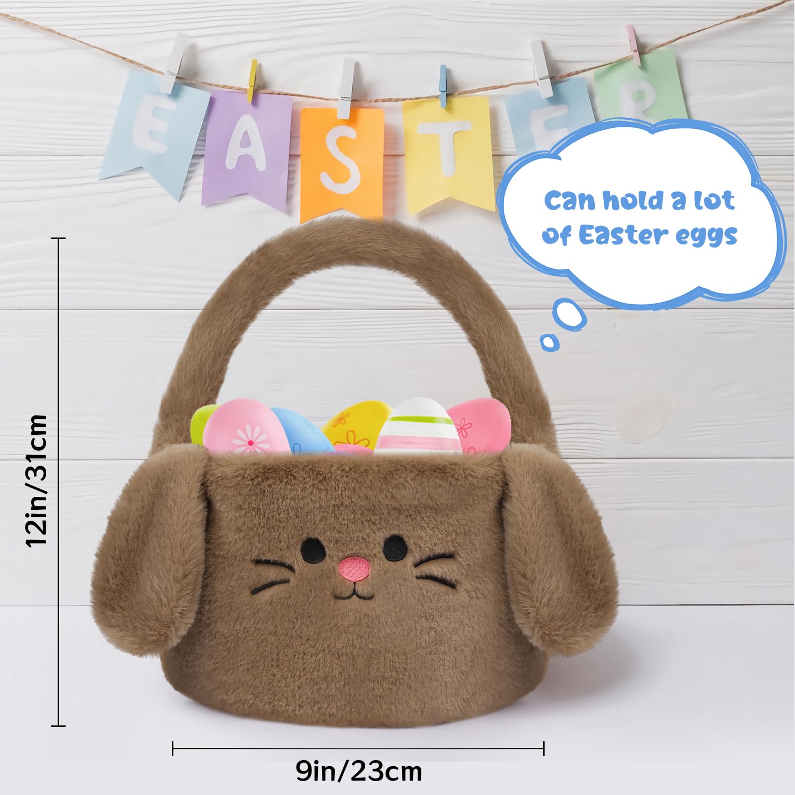 Brown Bunny Easter Basket with Handle - Cute Easter Gift Bags for Boys, Girls & Kids - Perfect for Easter Egg Hunts, Candy Storage & Party Decorations