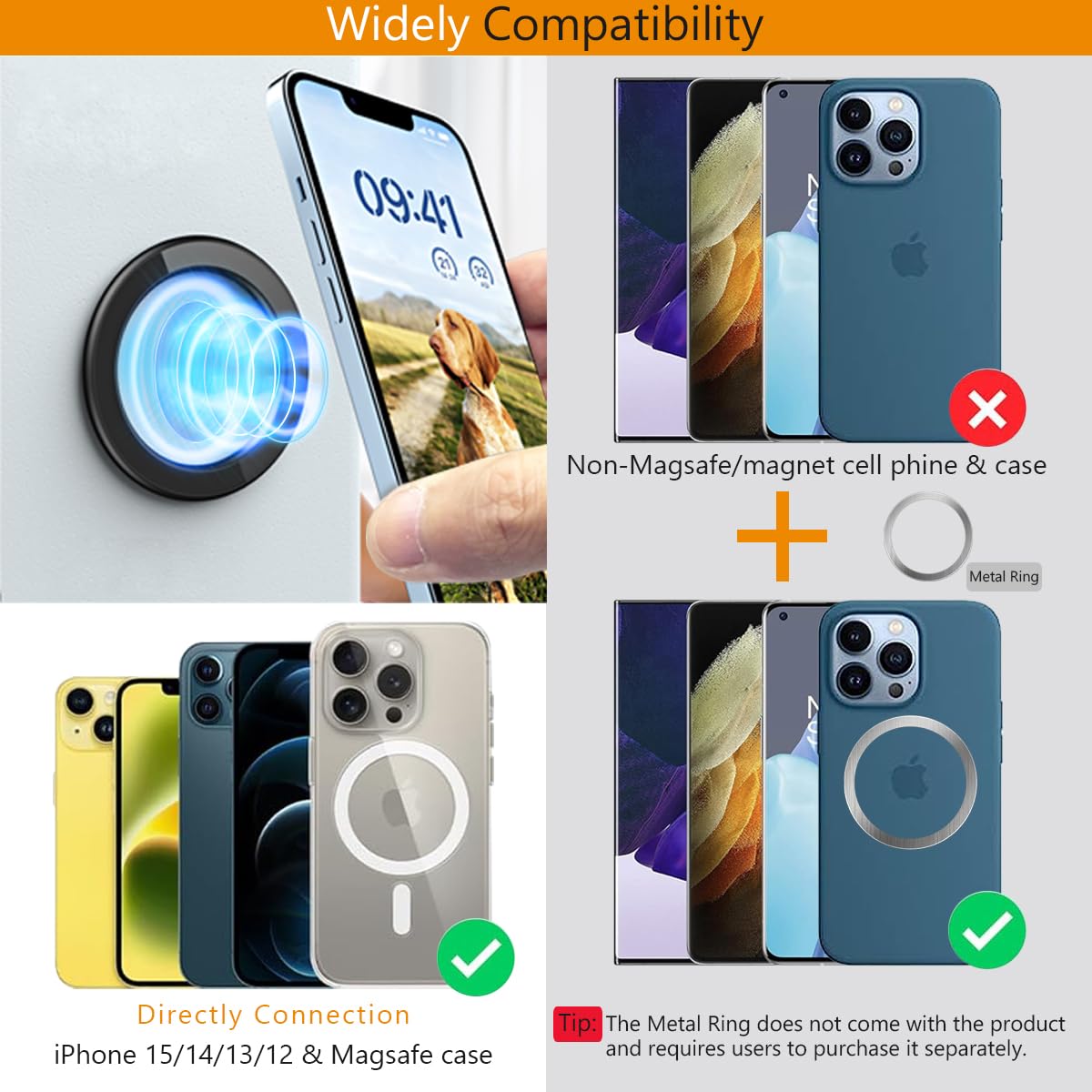 Magnetic Phone Holder Sticker - Universal Snap Hold Wall Mount for iPhone 15 Pro/14/13/12 Series, MagSafe Case & Android Phones (Black) | Perfect for Car, Home, Office & Gym Use