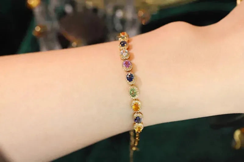 18K Yellow Gold Romantic Rainbow Design Bracelet with Real Natural Diamond & Aquamarine for Women - Perfect for Weddings, Anniversaries & Special Occasions