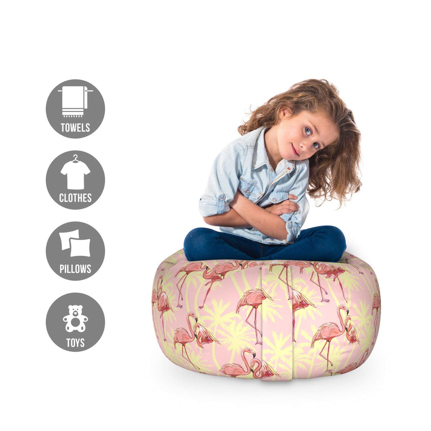 Ambesonne Flamingo Toy Storage Bag Chair - Tropical Palm Leaves Animal Print, Washable Stuffed Animal Organizer, Small Size in Yellow & Pink | Perfect for Kids' Room, Playroom & Nursery Organization