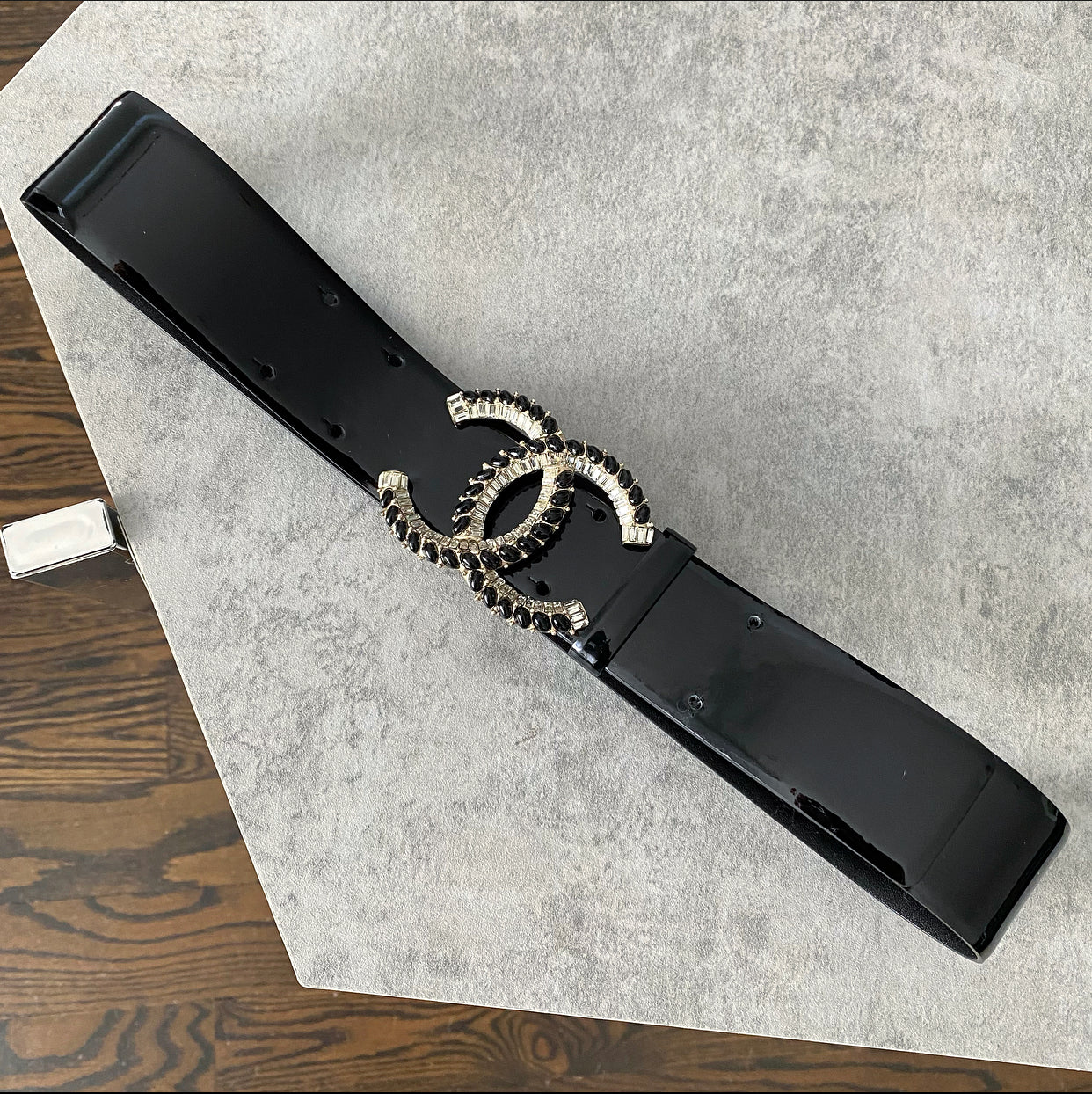 Chanel 08C Black Patent Leather Crystal Strass CC Belt - Size S 26-32
