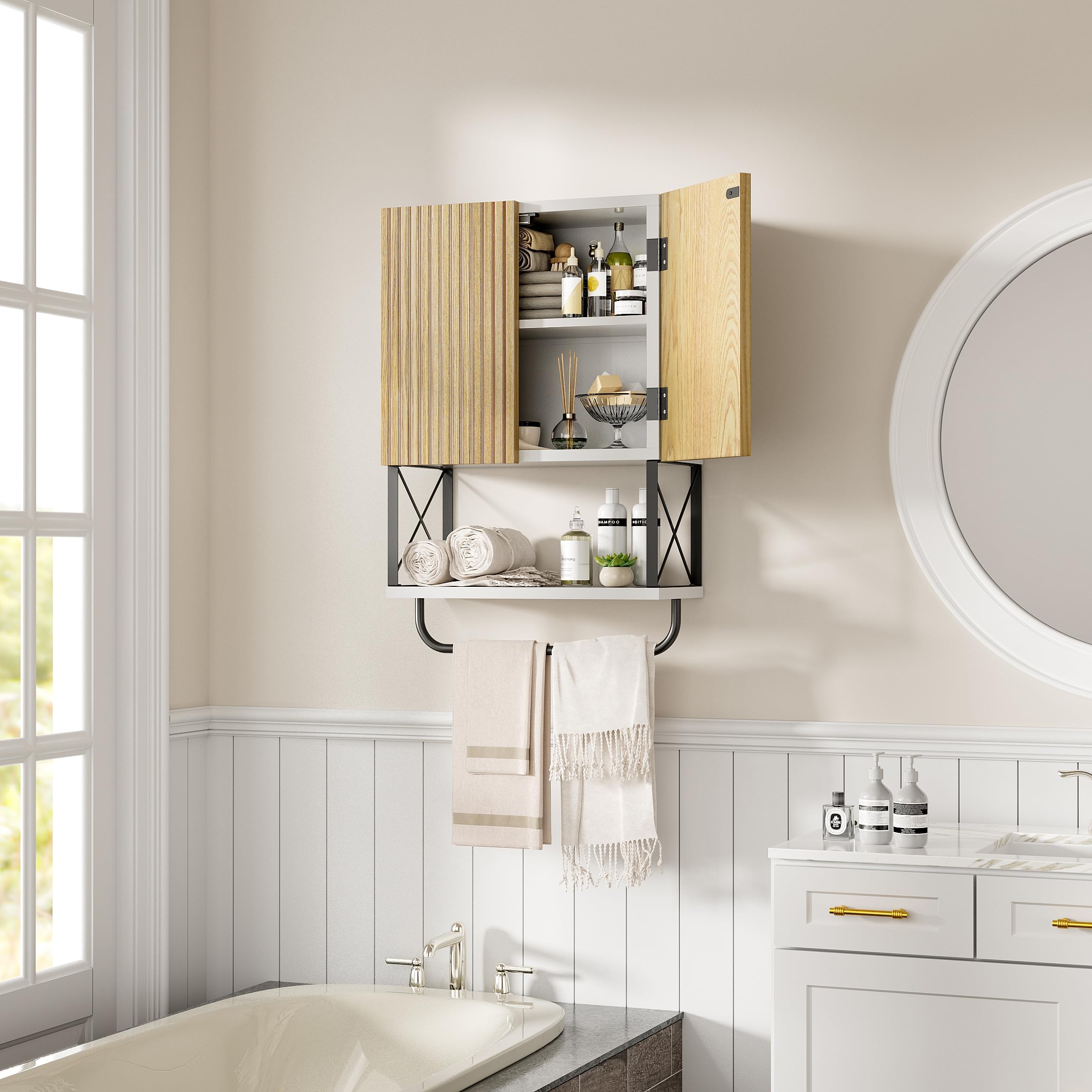 Fluted Wall Mounted Medicine Cabinet with Towel Bar - White Bathroom Storage Organizer for Above Toilet Space | Perfect for Small Bathrooms, Powder Rooms & Apartment Living