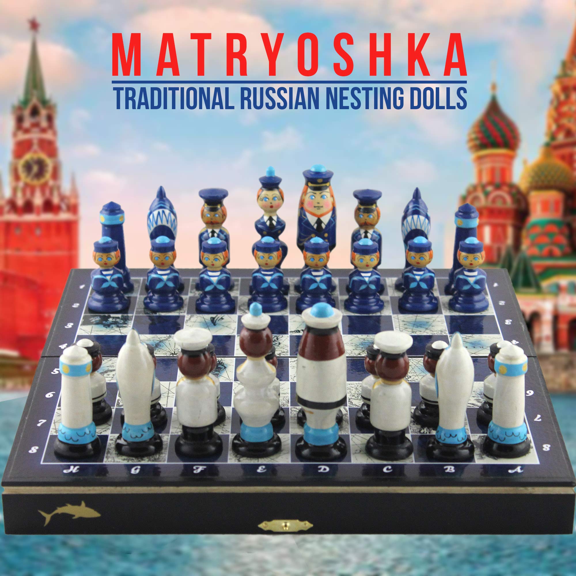 Handmade Nautical Themed Chess Set - Wooden Russian Doll Sailor Chess Pieces - Beach & Sailboat Decor - Perfect Gift for Boaters & Navy Enthusiasts | Ideal for Home Decor, Game Nights & Maritime-Themed Parties