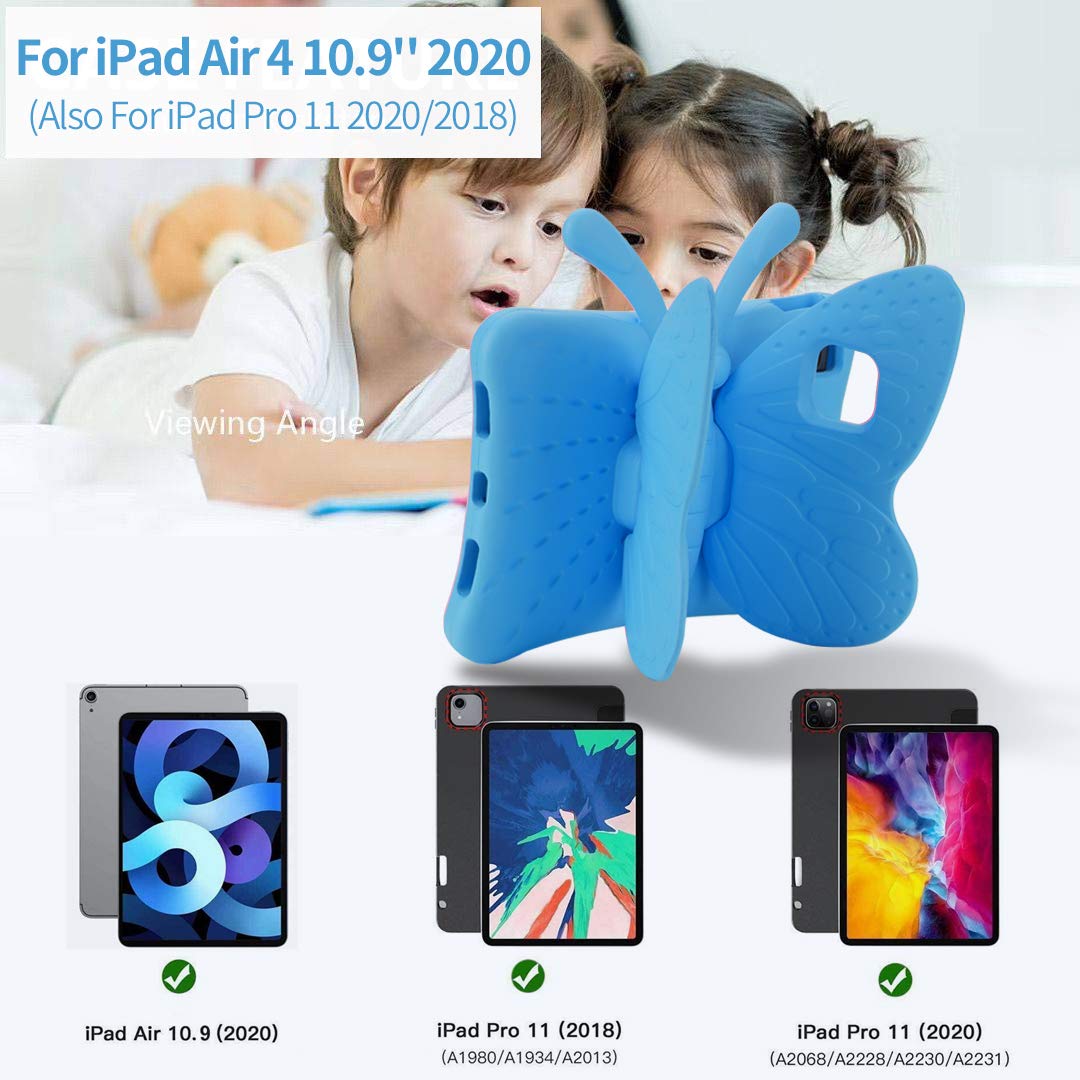 **Shockproof Heavy Duty Rugged Kids Case for iPad Air 4/5/6 (10.9 Inch, 2022/2024) - Lightweight EVA Full Cover with Foldable Stand, Butterfly Design - Perfect for Boys, Girls & Toddlers (Blue) - Ideal for School, Travel & Playtime Protection**
