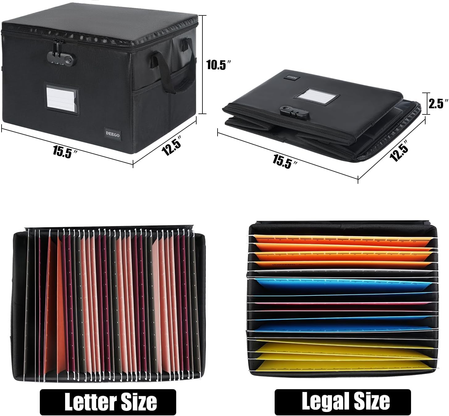 Fireproof and Waterproof Document Storage Box with Lock - Portable Collapsible File Organizer for Home & Office - Secure Hanging Letter/Legal Folder Storage - Ideal for Important Documents, Certificates, and Office Files (Black)