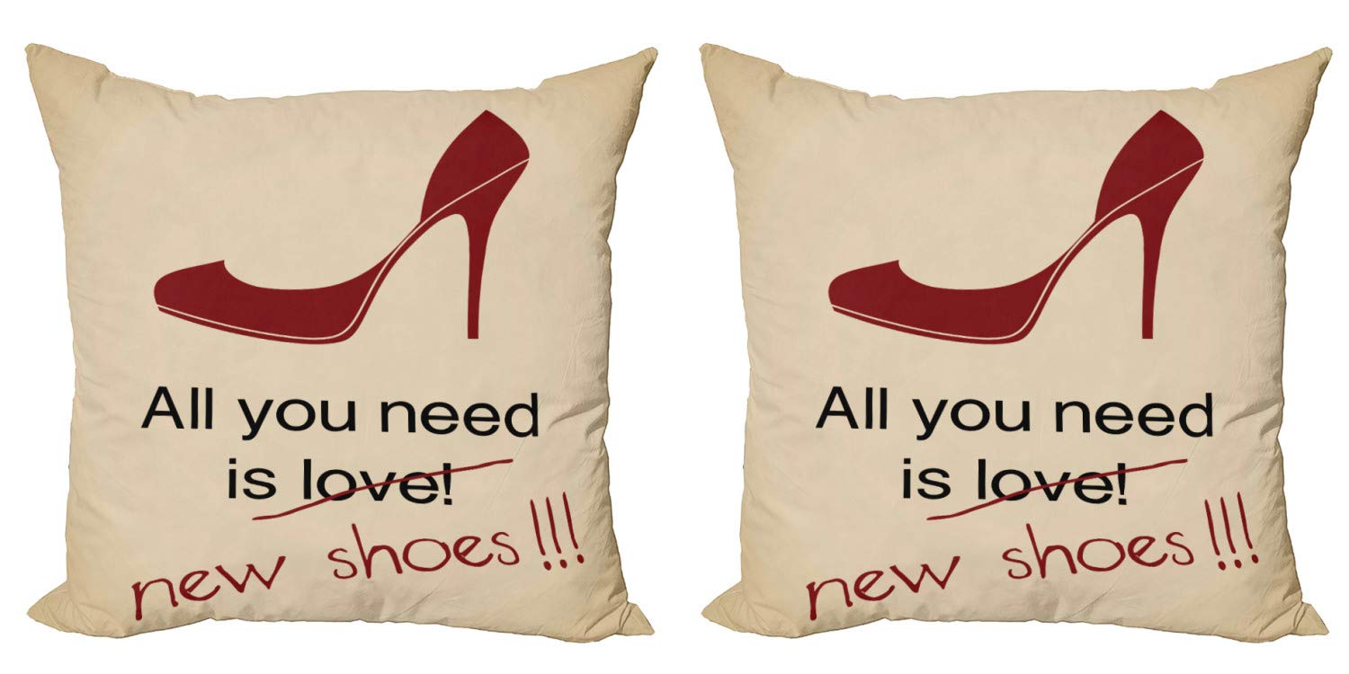 Ambesonne High Heels Throw Pillow Cover Set of 2 - Funny 'All You Need is New Shoes' Stiletto Design - Reversible Zippered Cushion Case 20x20 Inches - Beige Burgundy & Black - Perfect for Living Room, Bedroom Decor & Gift Ideas