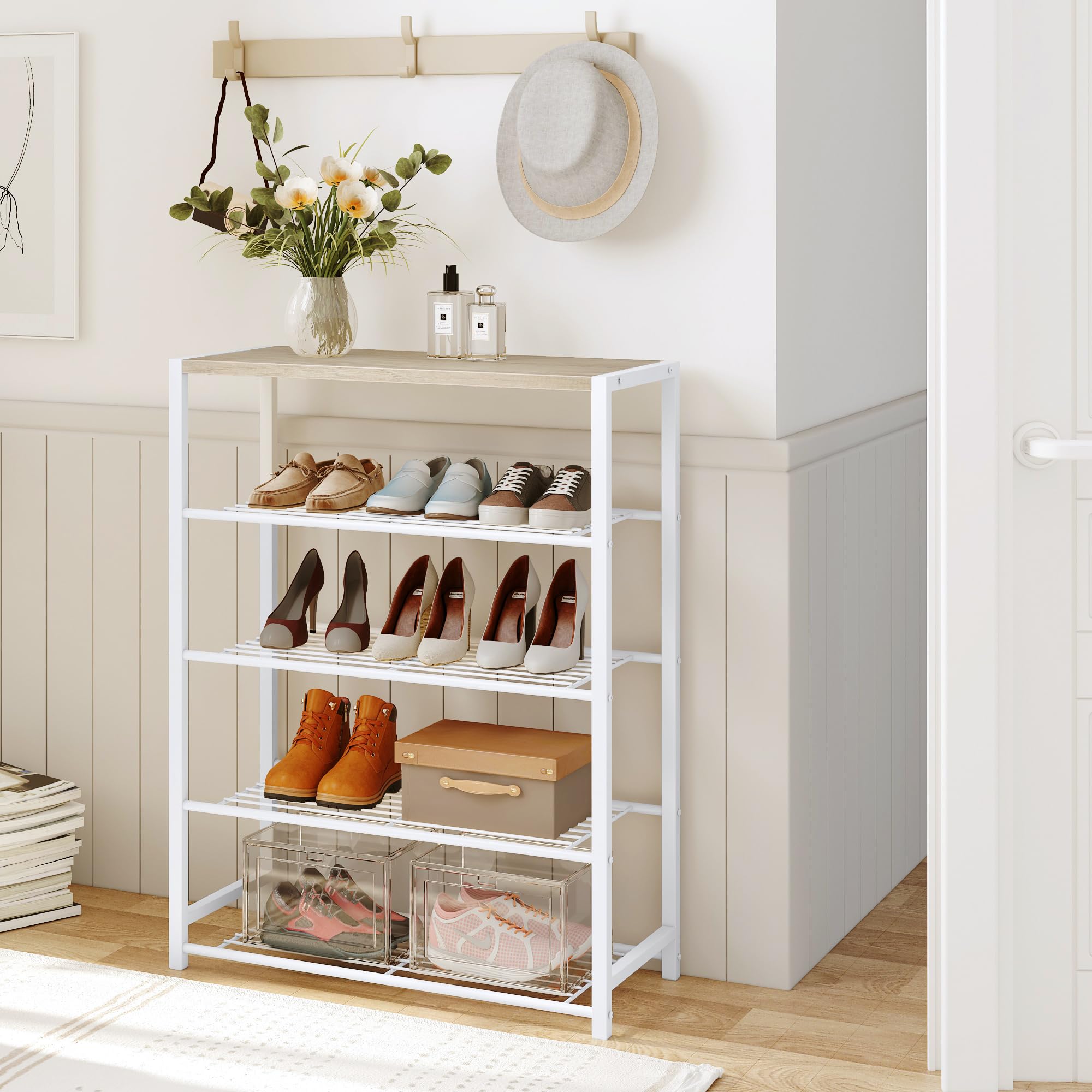 5-Tier Industrial Shoe Rack Organizer - Narrow Sturdy Metal Shoe Storage Shelf for Closet & Entryway - Space-Saving Shoe Display for Home & Office (White)