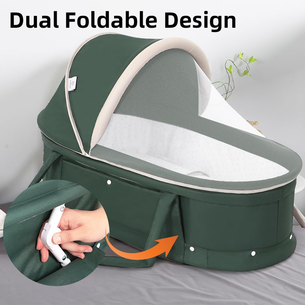 2-in-1 Portable Baby Travel Bassinet with Sunshade Cover - Foldable Newborn Sleeper Bed, Washable Dark Green Bassinet for Airplane & Car Travel | Perfect for Nursery, Camping & Family Trips