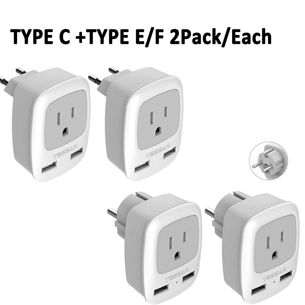 TESSAN European Travel Plug Adapter with 2 USB Ports - Universal Outlet Converter for US to Europe (Type C/E) - Perfect for Spain, France, Germany, Italy, Iceland - 2 Pack - Ideal for Charging Phones, Laptops & Devices While Traveling