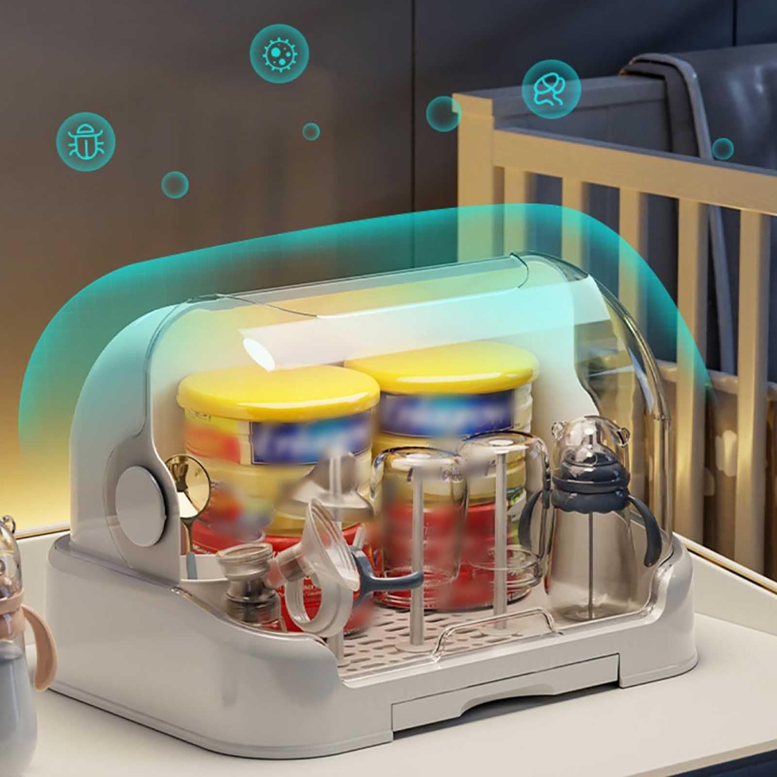 Baby Bottle Drying Rack with Lid & Removable Drain Tray - Dustproof Bottle Organizer for Kitchen, Plates, Cups & Cutlery - Perfect for Nursery, Daycare & Home Use