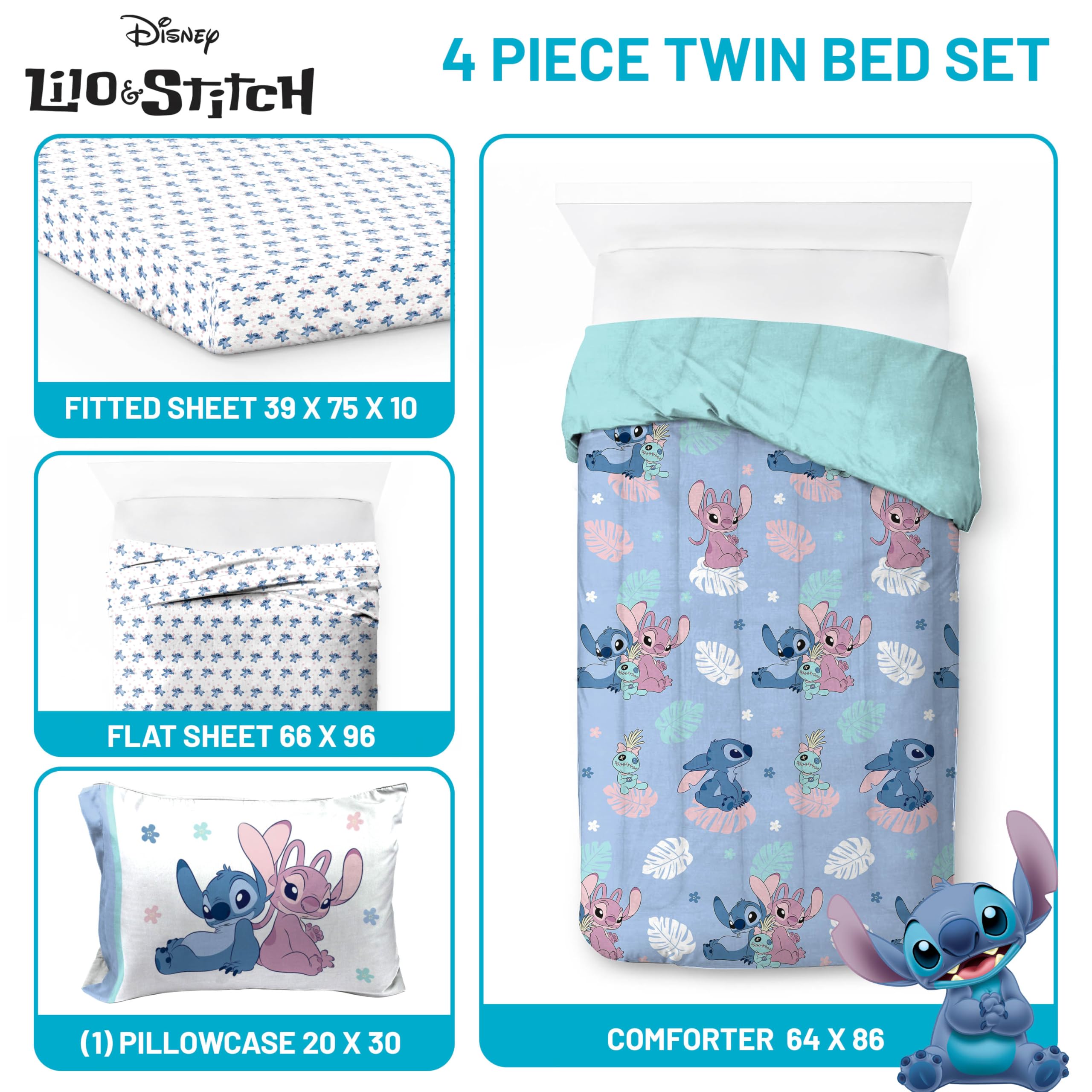 Disney Lilo and Stitch Twin Size 4-Piece Comforter Set - Super Soft Kids Bedding with Sheet Set, Pillow Covers & Free Duffle Bag - Perfect for Kids' Room, Sleepovers and Themed Bedrooms