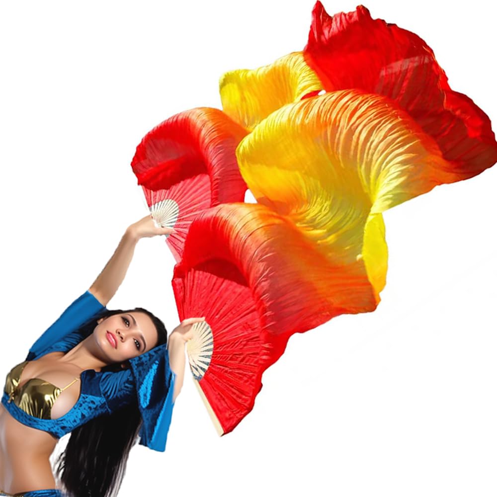TMZAQH Women's Silk Belly Dance Fans - Pair of Long Folding Veil Fans (180cm x 90cm) for Professional Belly Dancing, Performances & Costume Accessories