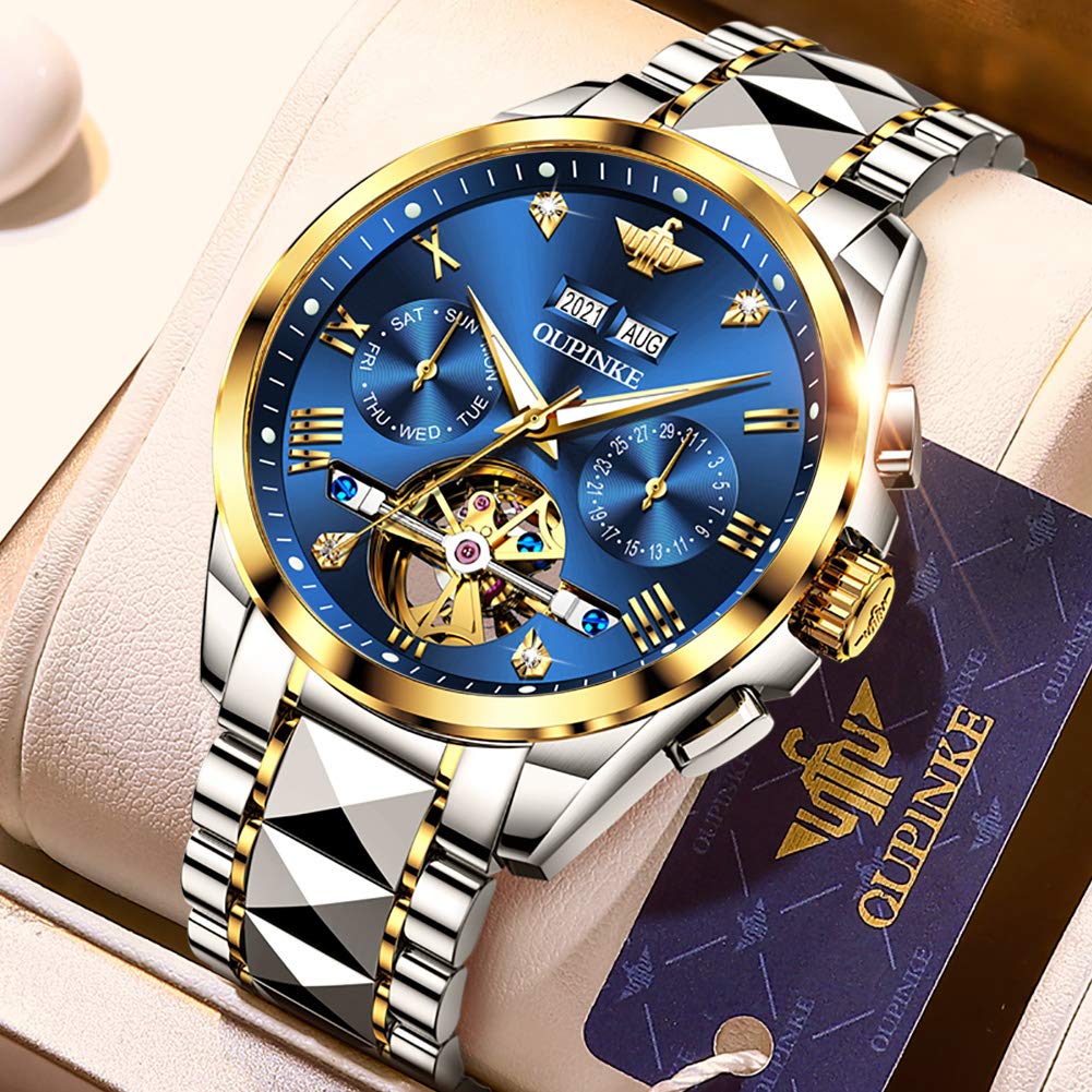 OUPINKE Men's Skeleton Automatic Mechanical Watch with Calendar - Sapphire Crystal, Tungsten Steel, Waterproof (100M) - Luxury Dress & Business Wristwatch for Formal Occasions & Everyday Wear