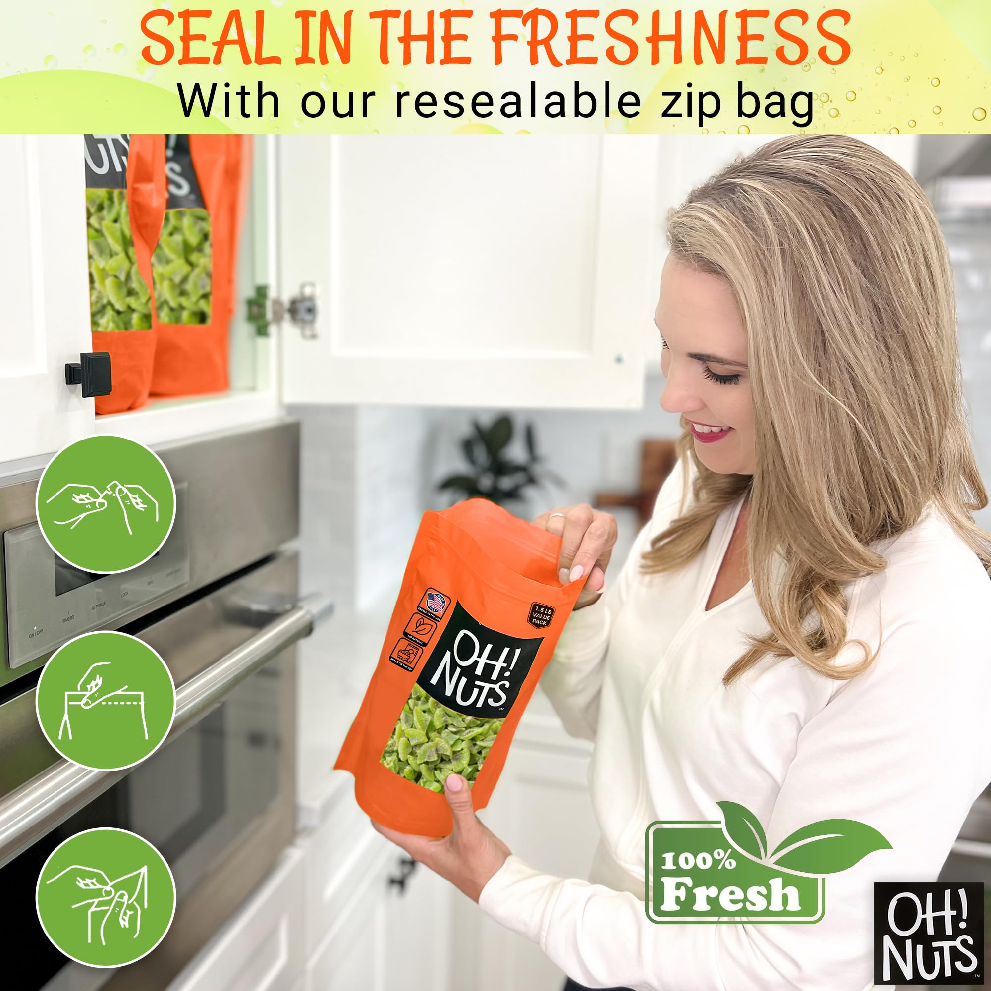 Sweetened Dried Kiwi Slices - 1 LB Dehydrated Fruit Snacks | Natural Kiwi Quarters | Resealable Freshness Zip Bag | Healthy Snack for Hiking, Office & Kids Lunch Boxes | Packed in USA by Oh Nuts