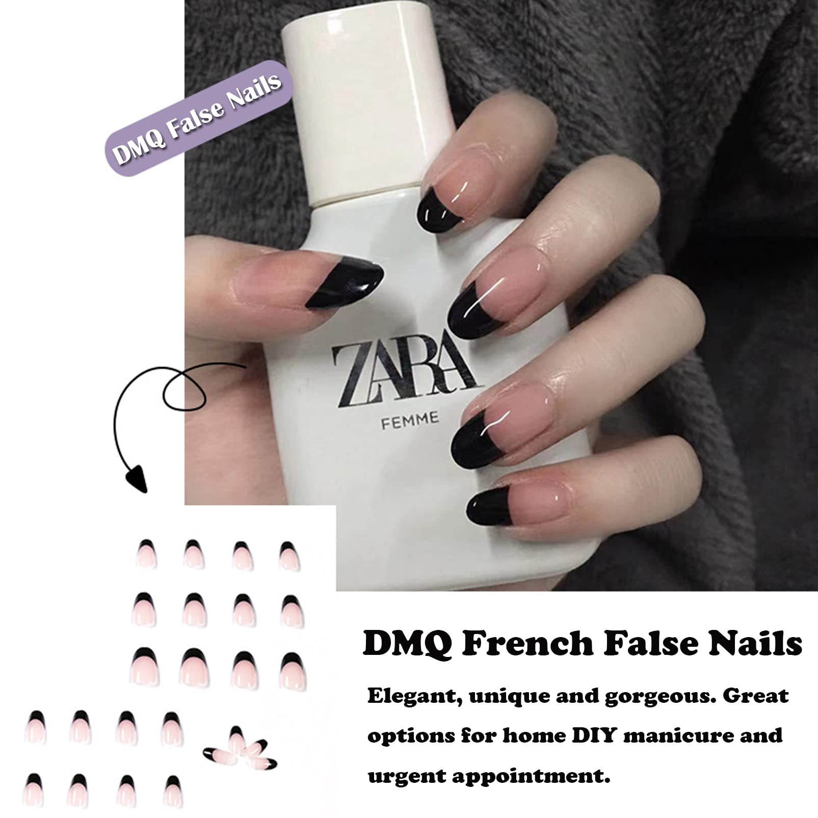 24Pcs Short Almond Fake Nails - Black French False Nails with Nail Glue, Oval Press on Nails for Women & Girls | Nude French Tips, Full Cover Stick on Nails for Daily Wear, Parties & Special Occasions
