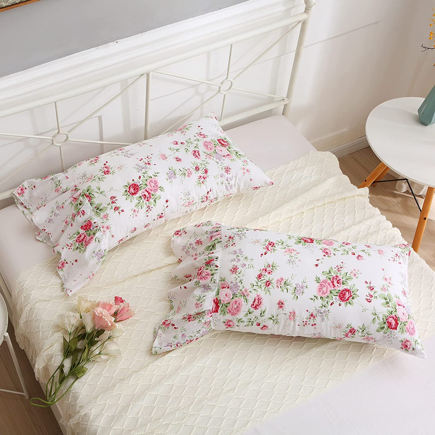 Rose Floral Long Ruffles Cotton Pillow Shams Set of 2 - King Size Bedding, Decorative Cushion Covers for Master Bedroom, Living Room Sofa, Home Decor