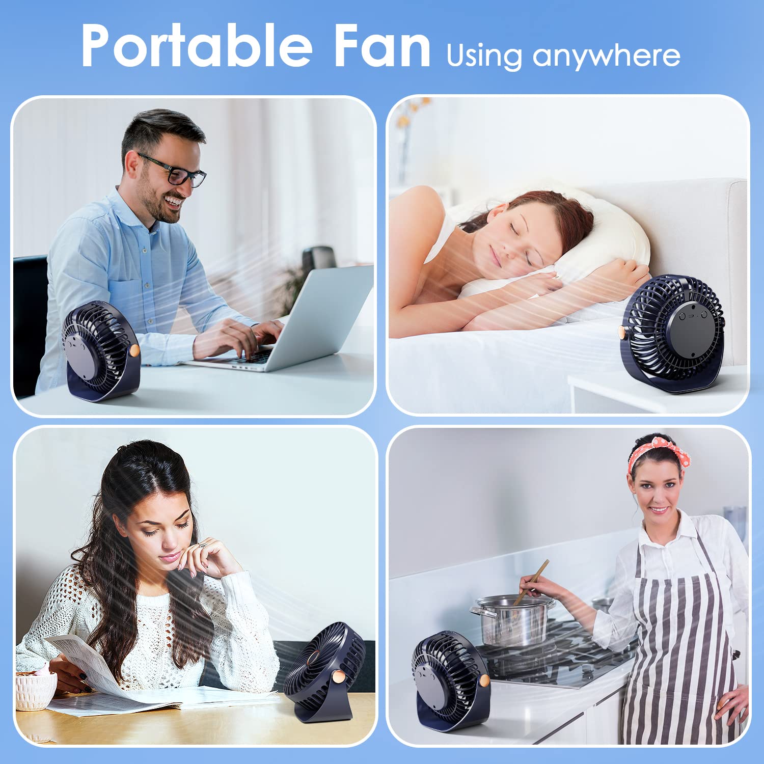 Silent USB Desk Fan - 5 Speed Adjustable Mini Portable Fan with 3600mAh Rechargeable Battery, 360° Rotation for Home Office Bedroom | Perfect for Work, Study & Sleep