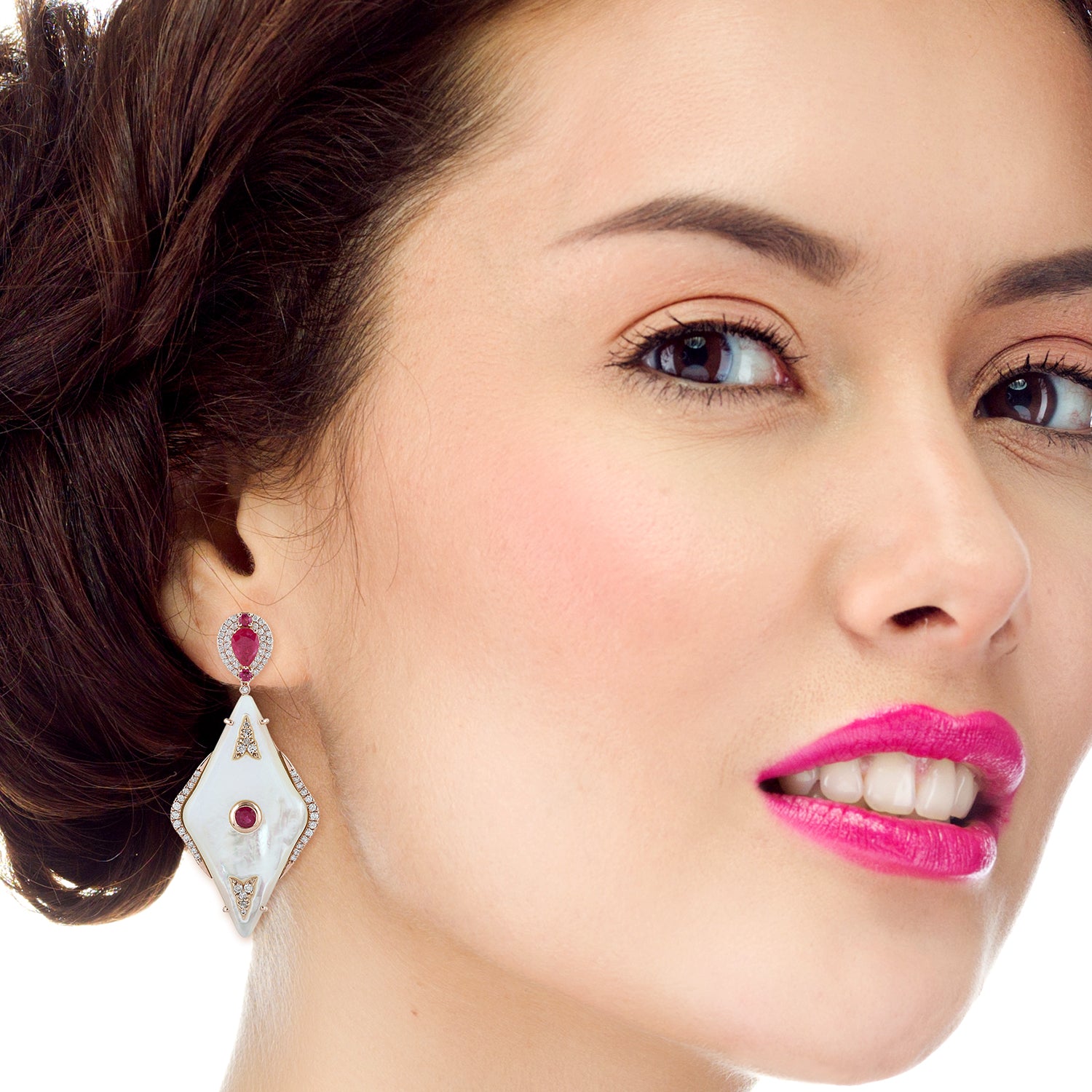 18K Rose Gold Kite Cut MOP Bezel Set Ruby Gemstone Pave Diamond Dangle Earrings for Women - Perfect for Weddings, Parties & Special Occasions
