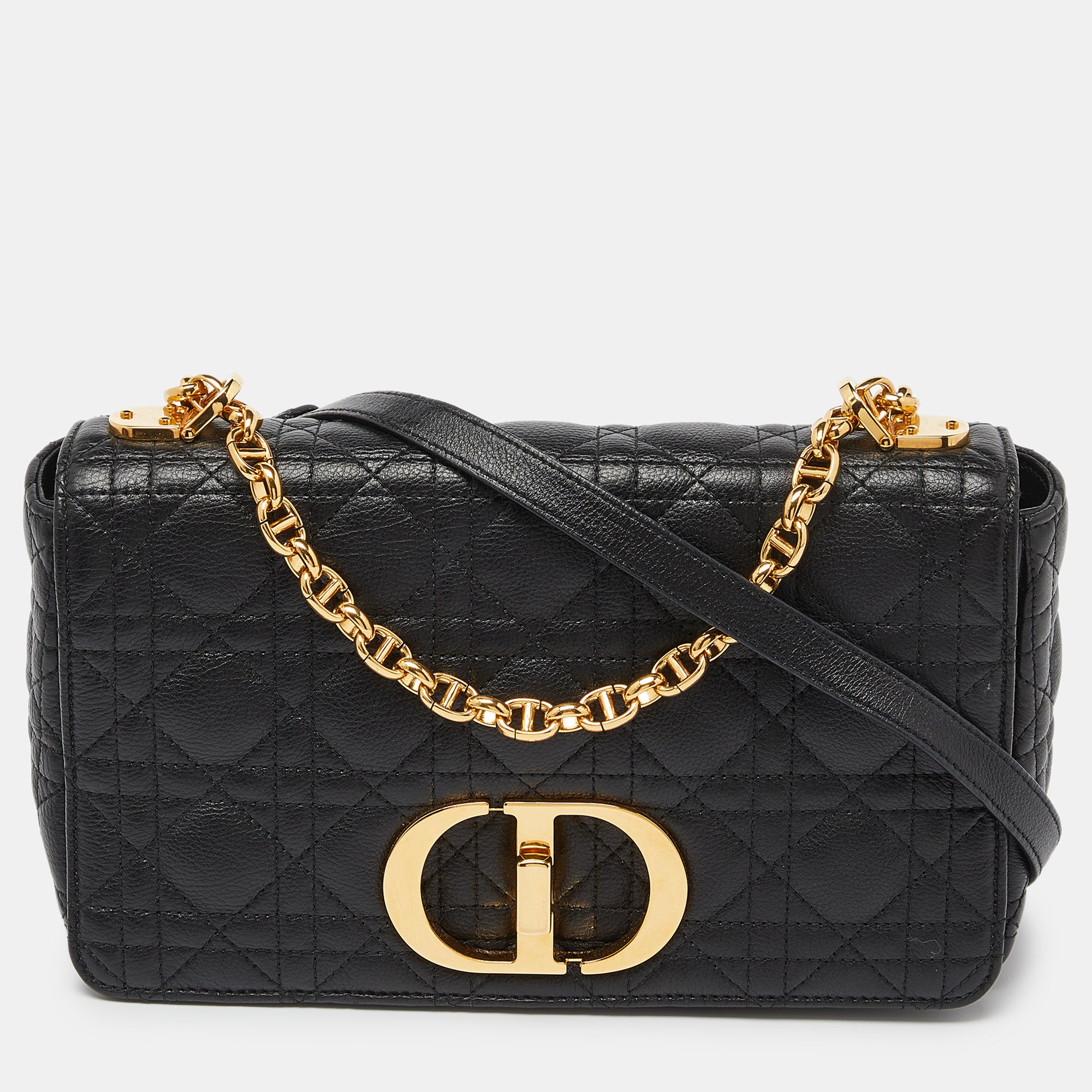 Black Cannage Leather Medium Caro Shoulder Bag for Women | Luxury Handbag for Work, Travel & Evening Out | Fashionable Crossbody Purse with Gold-Tone Hardware