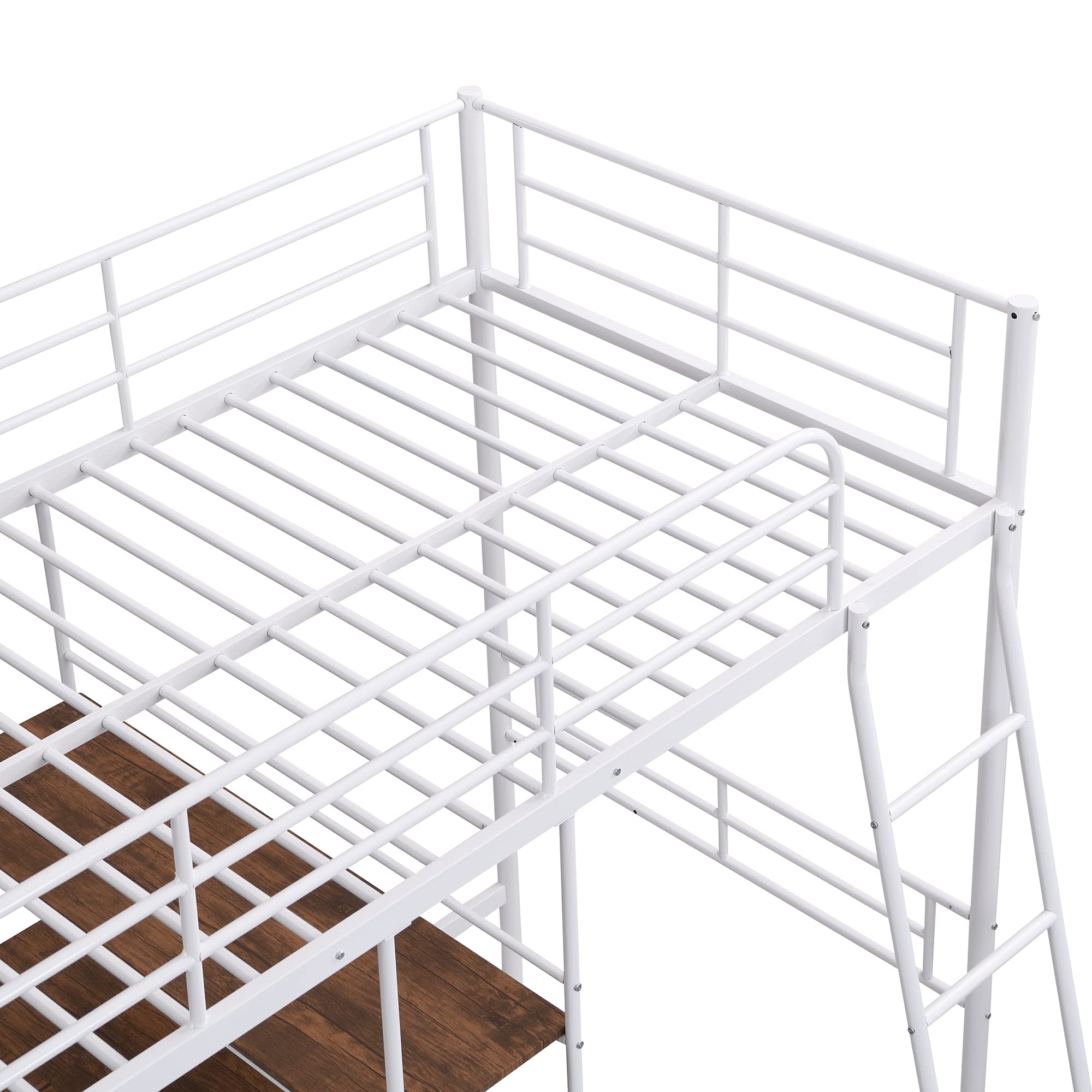 Harper & Bright Designs White Twin Size Metal Loft Bed with Built-in Desk, Shelves, Guardrail & Ladder - Space-Saving Study & Sleep Solution for Kids & Teens Bedrooms