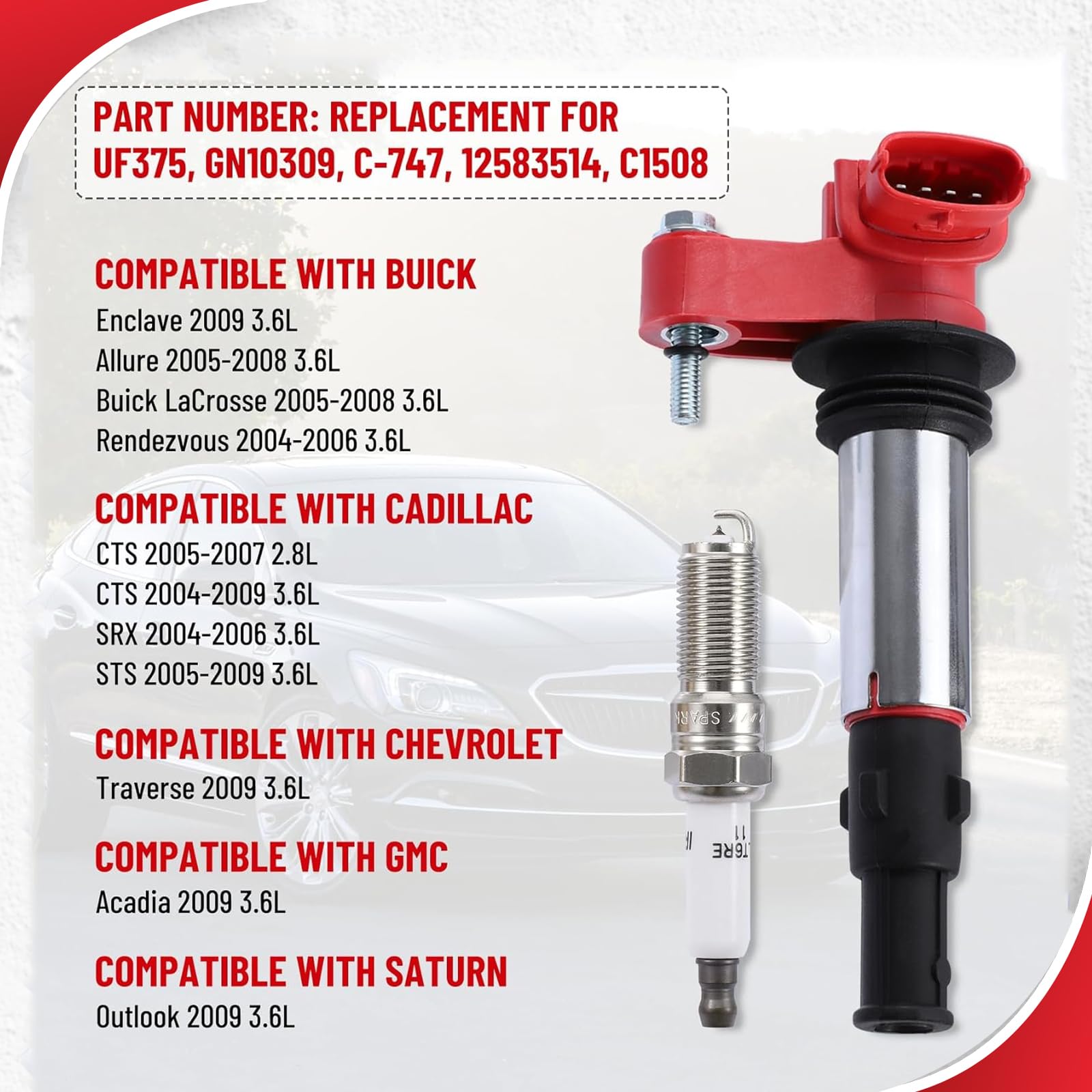 6 Pack UF375 Ignition Coil and Spark Plug Kit - Compatible with Cadillac, Buick, Chevy, GMC, Saturn 3.6L (Fits Models GN10309, C-747, 12583514, C1508) - High Performance Replacement for Smooth Engine Start & Acceleration - Perfect for Daily Commuting, Road Trips & Off-Road Adventures