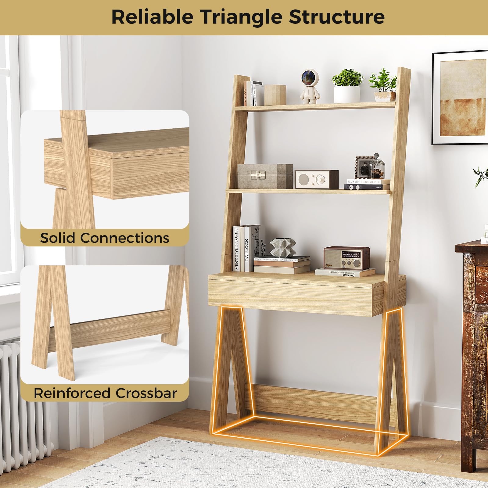 Tangkula Space-Saving Ladder Desk with Wooden Countertop & Storage Drawer - Compact Home Office Computer Table with Open Shelves & Anti-Tip Safety Kit - Wall-Leaning Workstation for Small Spaces (Natural Wood Finish) - Perfect for Dorm Rooms, Studio Apartments & Home Office Setups