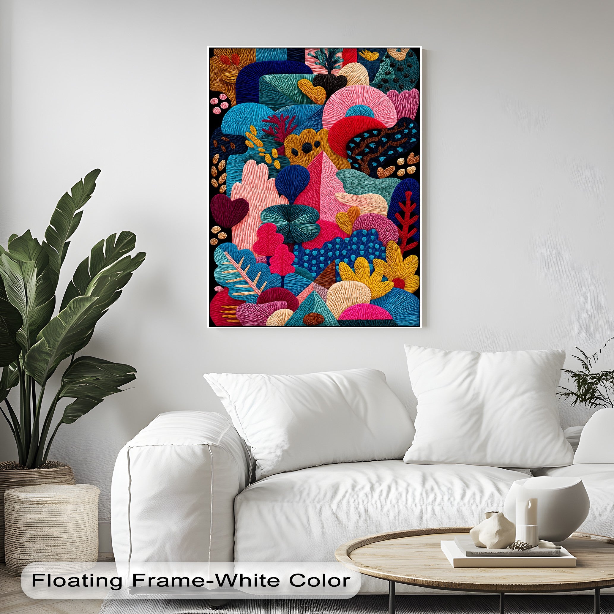 Vibrant Abstract Garden Embroidery Style Canvas Art Print - Modern Home Wall Decor for Living Room, Bedroom & Office