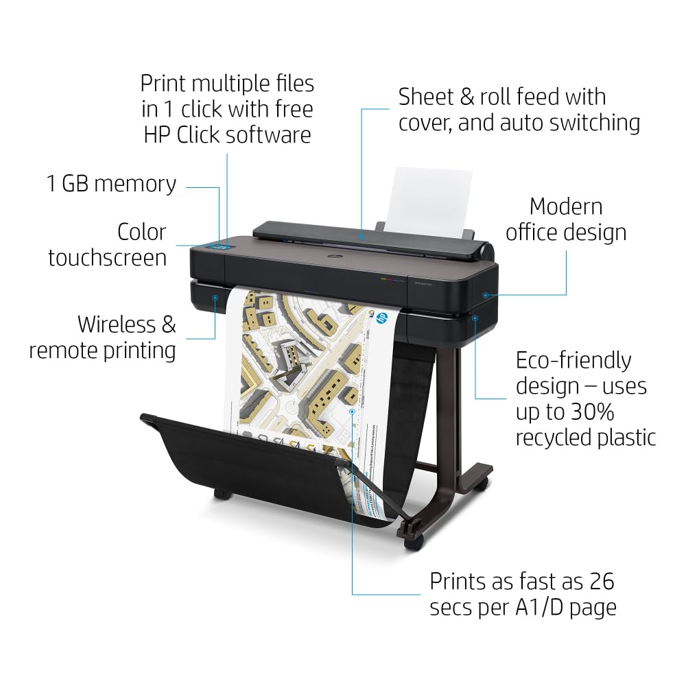 HP DesignJet T650 24-Inch Large Format Plotter Printer with 2-Year Onsite Warranty (5HB08T) - Ideal for Architectural Blueprints, Engineering Drawings & CAD Printing