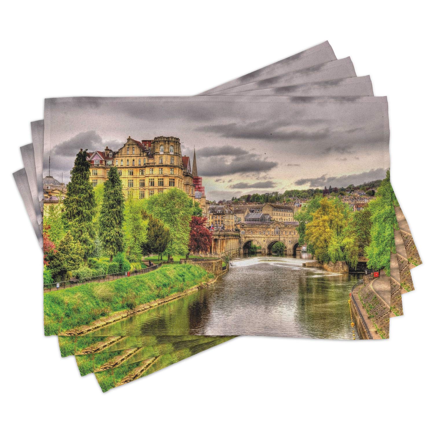 Ambesonne 4-Piece Landscape Placemats Set - England's River Avon Bath Town View Nature Theme, Washable Fabric Dining Table Mats for Kitchen & Home Decor in Fern Green | Perfect for Dinner Parties, Holiday Gatherings & Everyday Meals