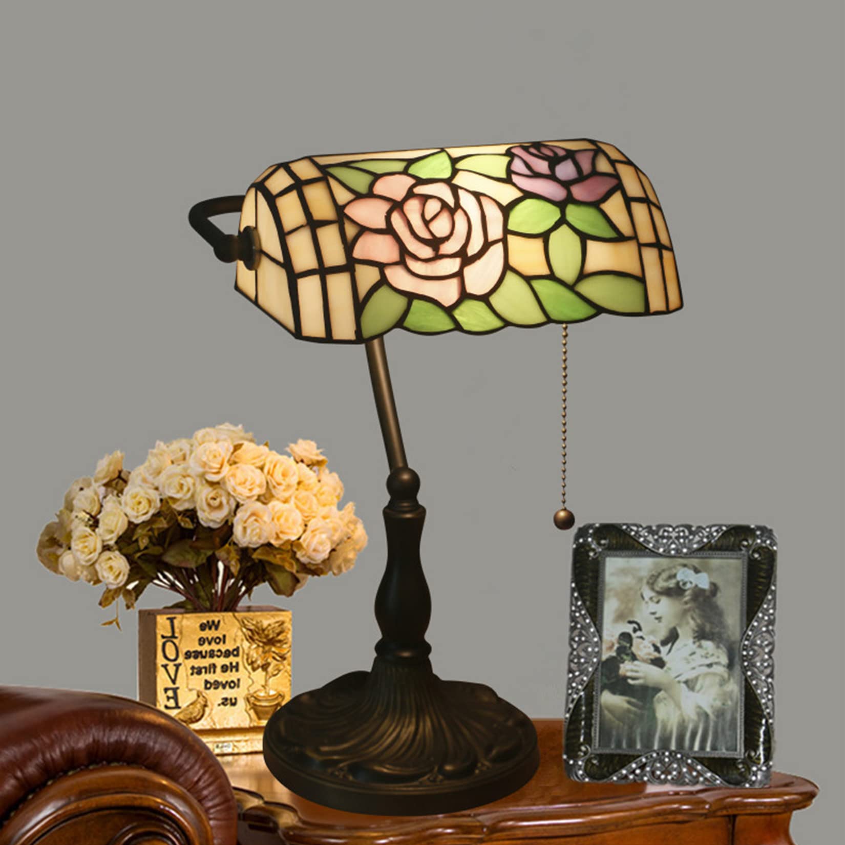 Tiffany Style Bankers Lamp - Stained Glass Desk Lamp with Warm Yellow Glass Shade & Antique Zinc Base - Perfect for Home Office, Living Room, Study or Bedside Table Lighting