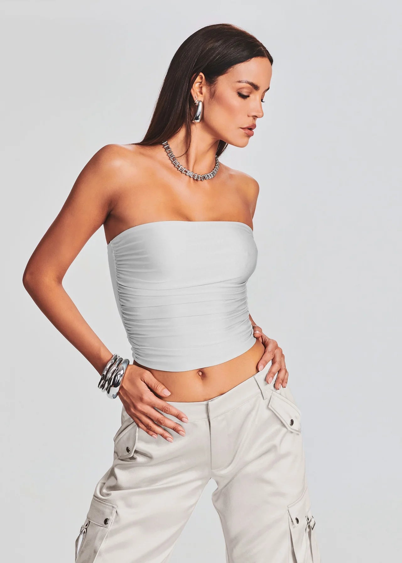 Debbi Strapless Top for Women - Silver Sequin Party Tops for Night Out, Clubwear, Evening Events