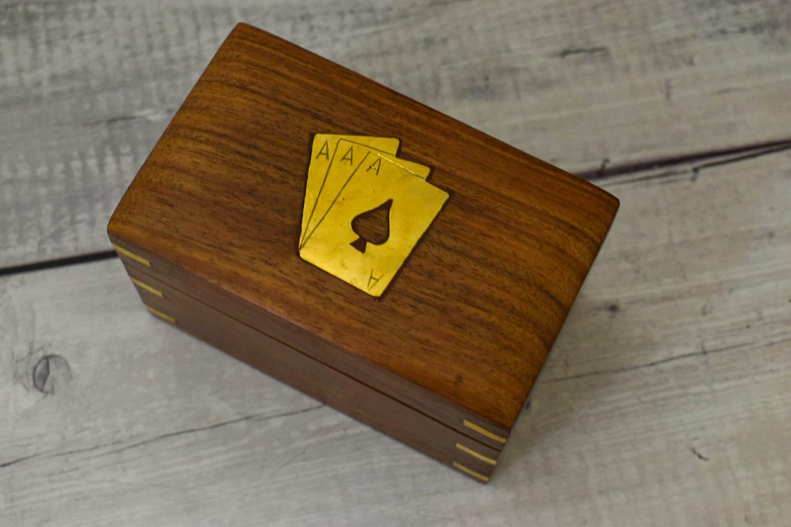 Handmade Wooden Playing Cards Holder with Brass Inlay Design - Premium Deck Storage Box & Organizer Case for Poker, Blackjack, Magic Tricks - Perfect Anniversary, Birthday Gift for Men & Card Game Lovers