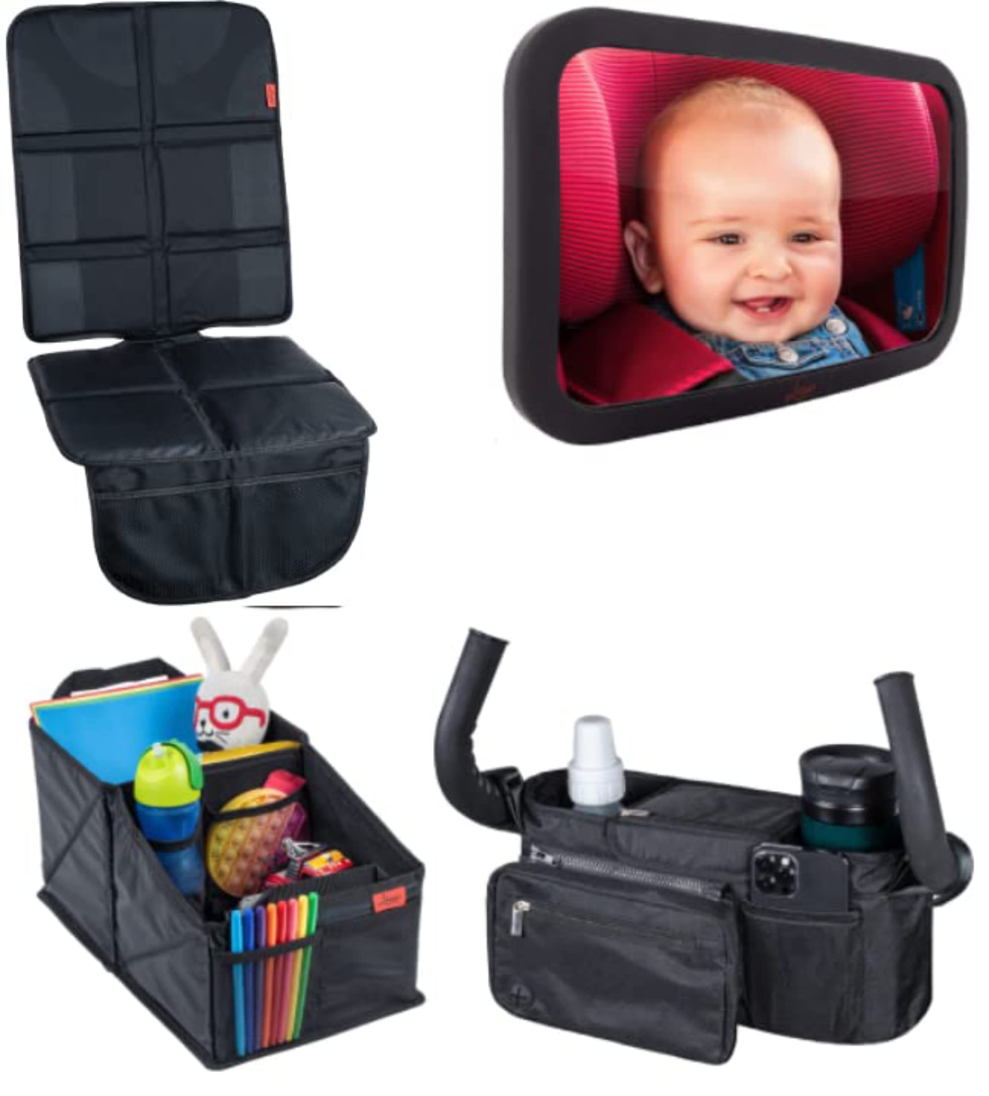 Lusso Gear Baby on Board Bundle - Black Car Seat Protector, Baby Mirror, Car Seat & Stroller Organizer Set for Newborns & Toddlers - Perfect for Family Road Trips & Daily Commutes