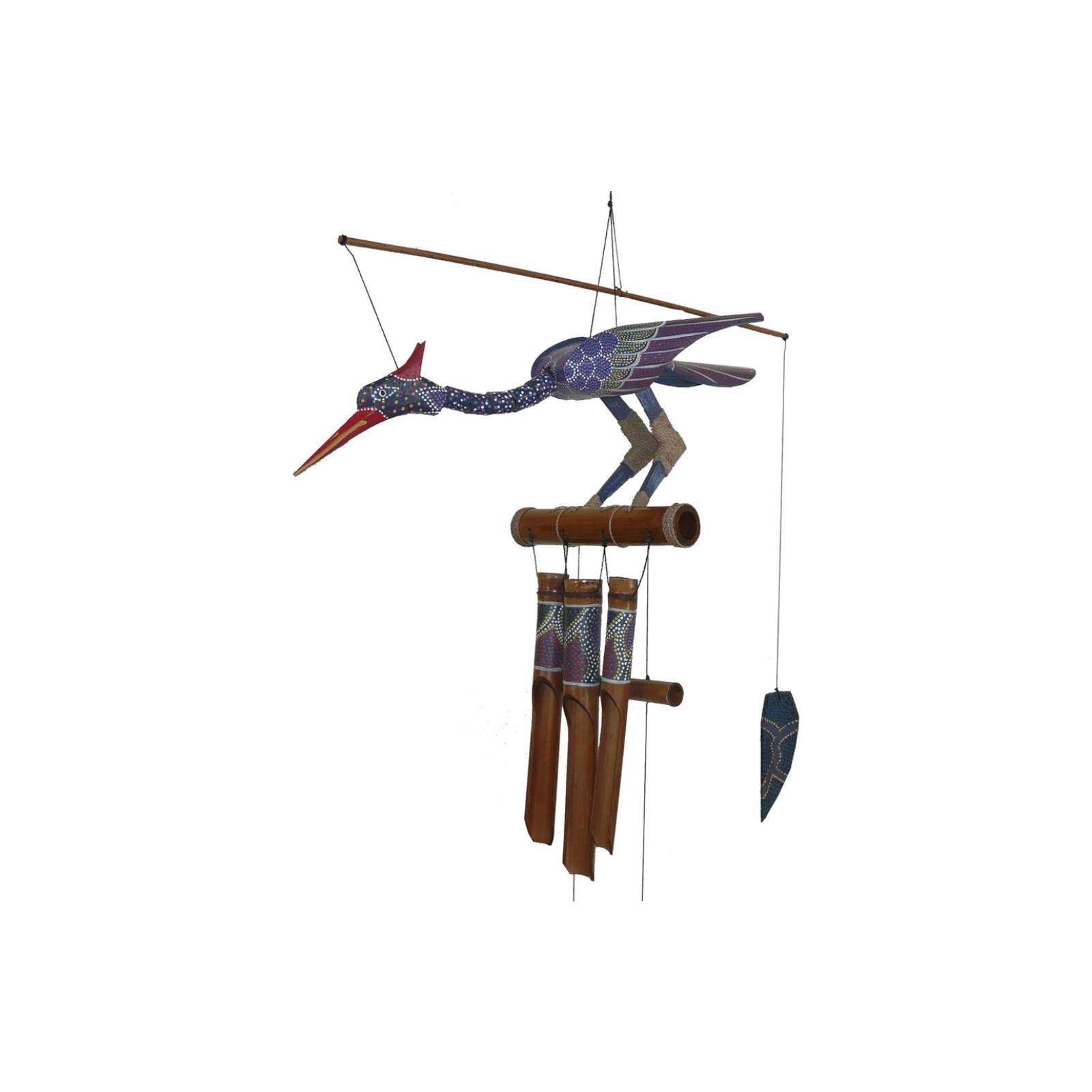 Hand Painted Purple Spotted Bamboo Wind Chime with Bobbing Head Bird - Cohasset Gifts 174P Passion Collection | Outdoor Garden Decor, Patio Ornament, Zen Relaxation Gift