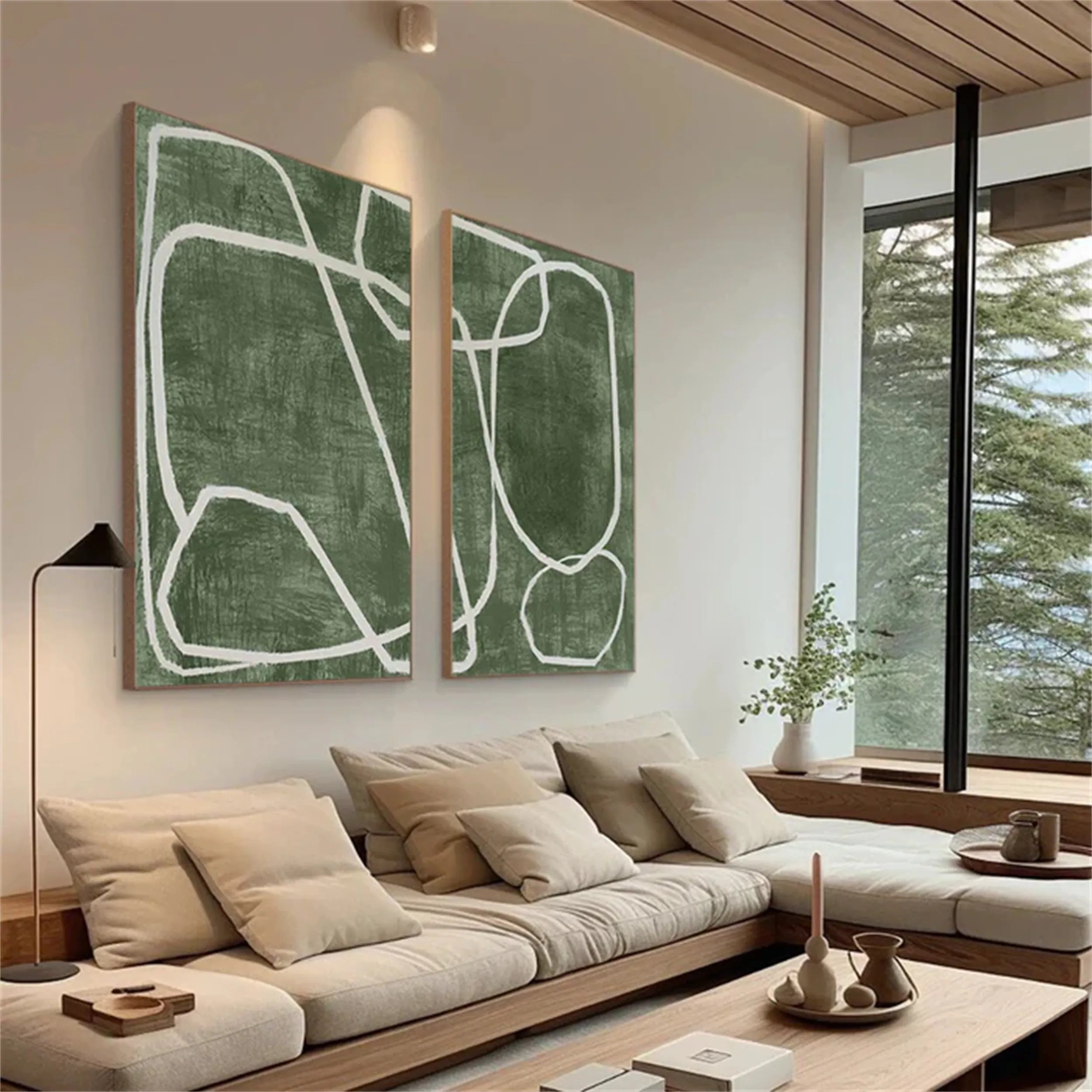 Abstract Blue & Green Wall Art Set of 2 Paintings - Modern Canvas Prints for Living Room, Bedroom & Office Decor #BG059