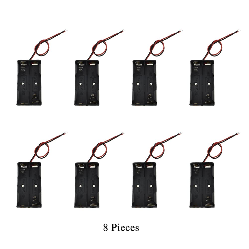 Hahiyo 3V AA Battery Holder with Wires - 8 Pack Black Plastic Case, Flexible Spring Contacts for Easy Installation - Perfect for Wall Clocks, Ham Radios, Kids Toys & DIY Electronics Projects