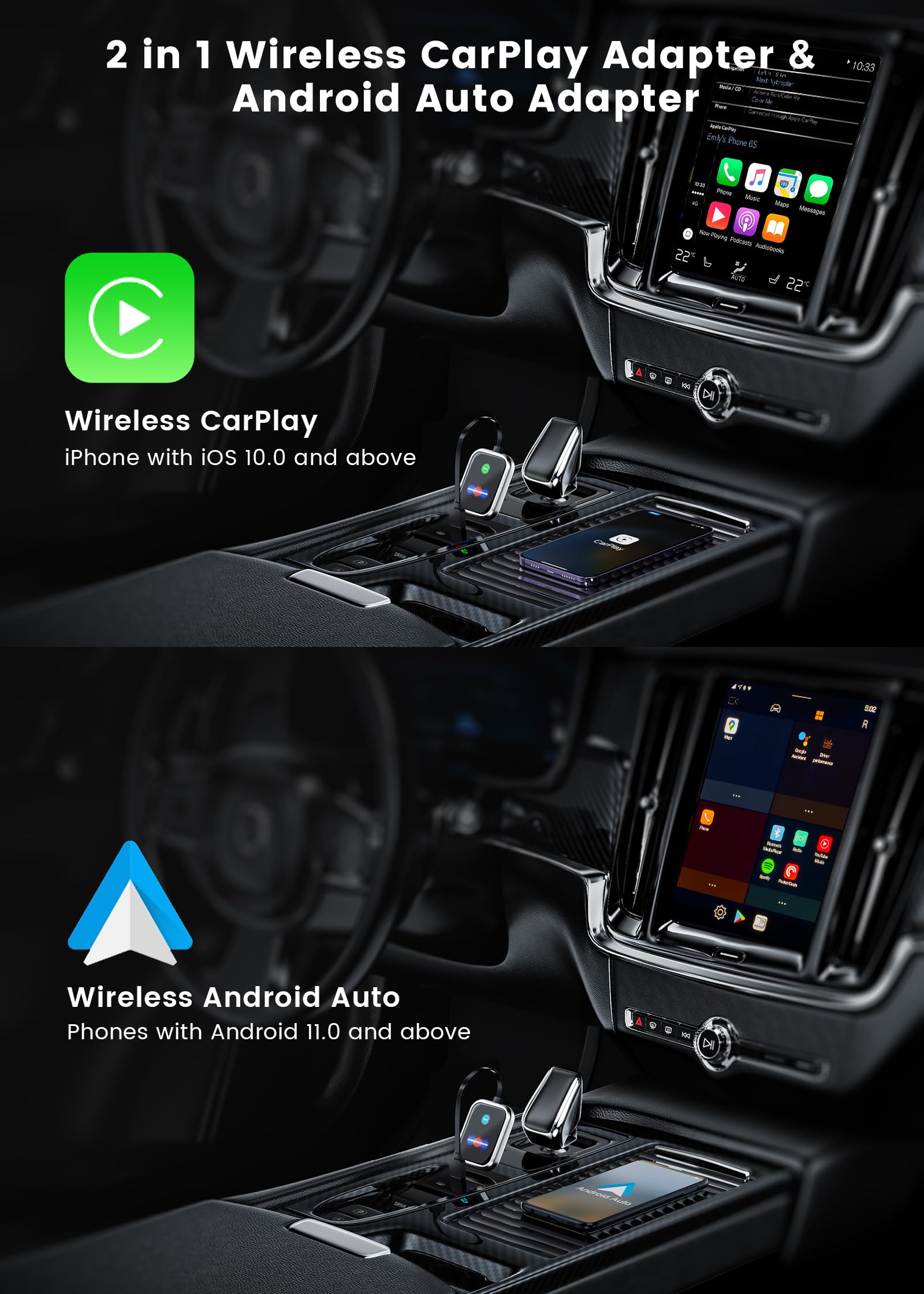 Wireless CarPlay Adapter for iPhone iOS 10+ & Android Auto Wireless Adapter for Android 11+ | 2-in-1 Wired to Wireless Converter | Compatible with 2016+ Cars with OEM Wired CarPlay/Android Auto | Perfect for Hands-Free Driving, Music Streaming & GPS Navigation