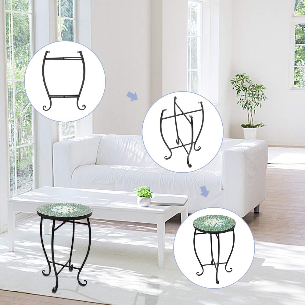 Round Wrought Iron Mosaic Accent Table - Stained Glass Patio Side Table with Green Surface | Indoor Outdoor Coffee End Table for Garden, Lawn, Patio & Home Decor | Perfect for Outdoor Entertaining & Living Room Accents