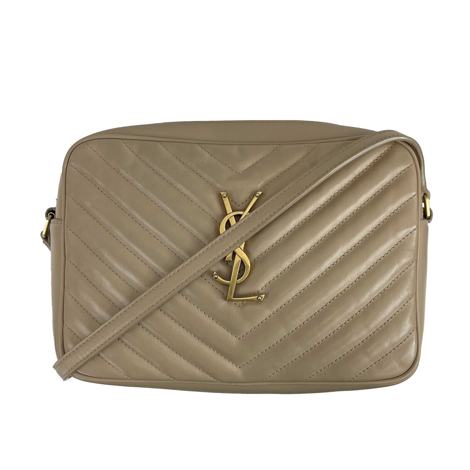 Saint Laurent YSL Dark Beige Chevron Leather Small Camera Bag with Tassel - Stylish Crossbody Purse for Women, Perfect for Date Night & Evening Events