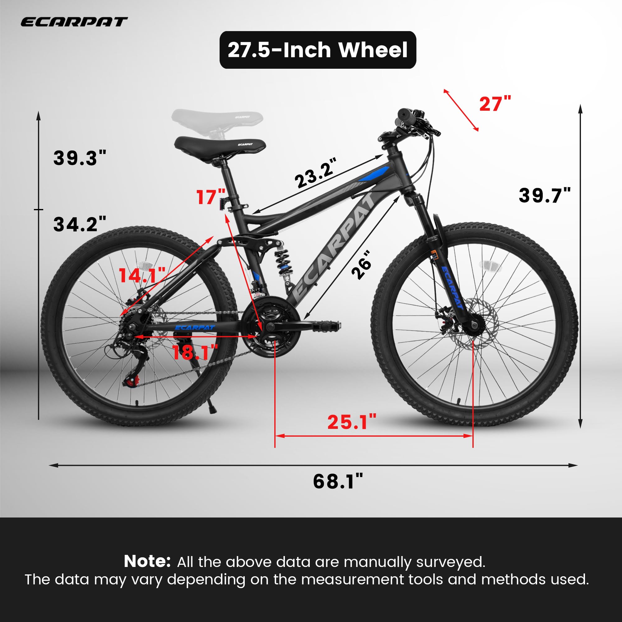 **24/26/27.5 Inch Dual Suspension Mountain Bike - 21-Speed Aluminum/Steel Frame for Men & Women - Perfect for Commuting, School, Work & Outdoor Adventures**