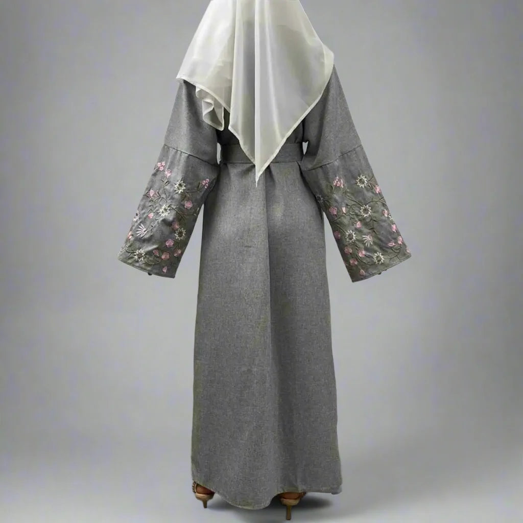 Floral Embroidery Sleeve Open Abaya Dress - Elegant Muslim Women's Kaftan for Prayer, Wedding & Special Occasions