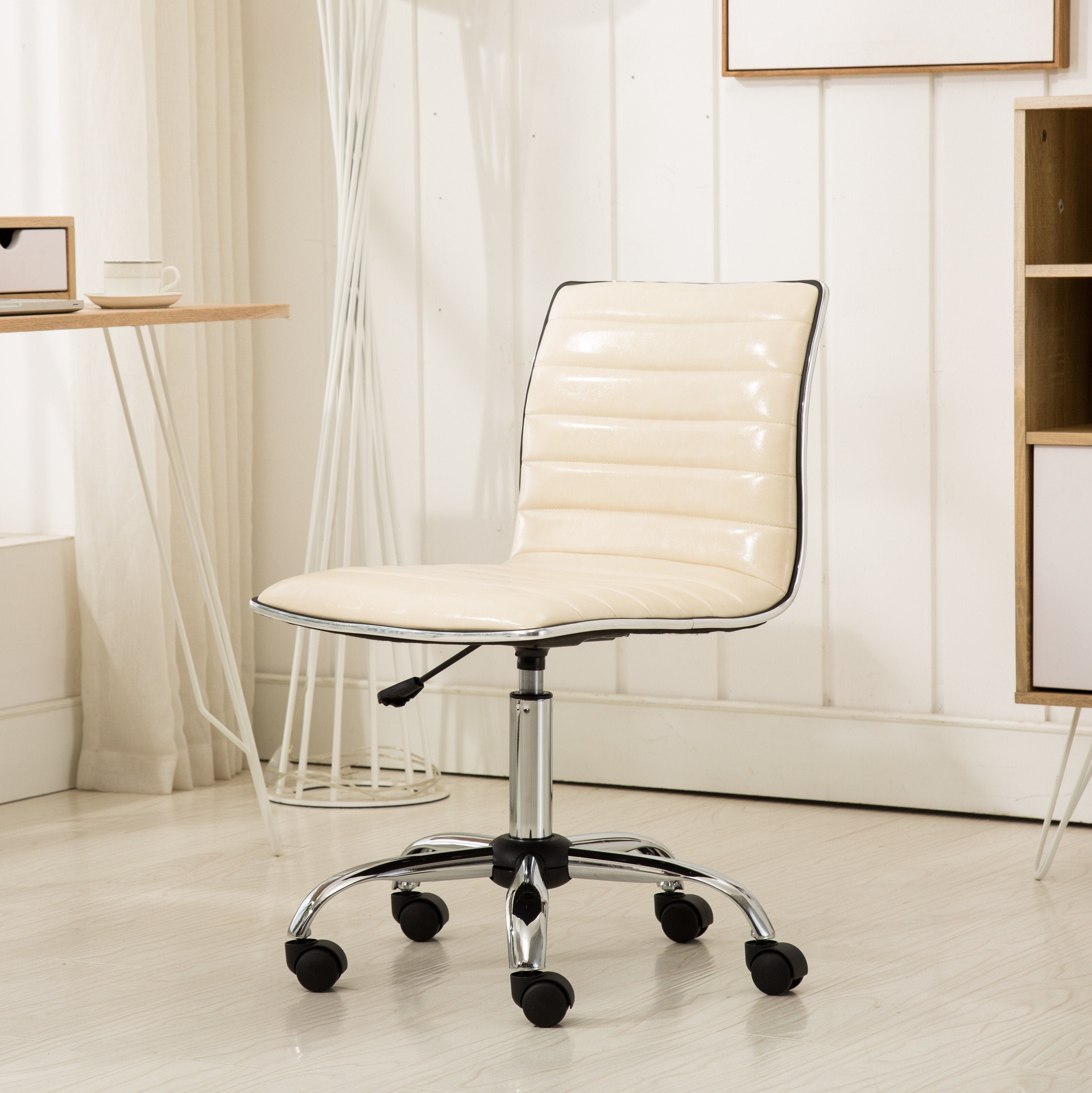 Roundhill Furniture Fremo Chromel Adjustable Air Lift Office Chair - Ergonomic Swivel Task Chair with Lumbar Support, Height Adjustable, Beige - Perfect for Home Office, Gaming & Workspace