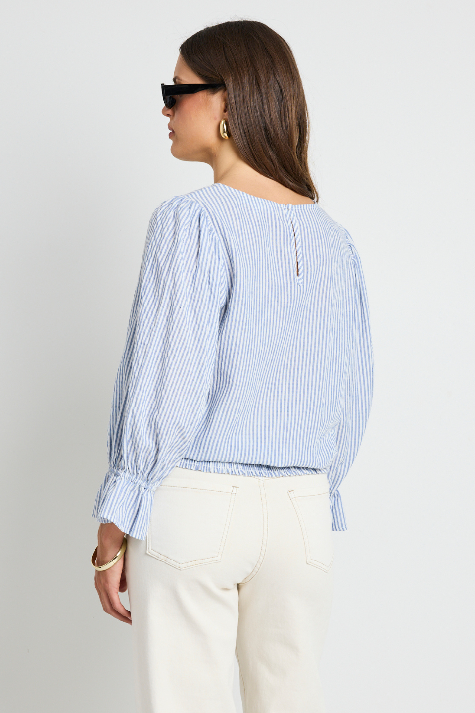Imagine Blue Stripe Shirred Back Long Sleeve Top for Women | Casual & Chic Blouse for Everyday Wear | Perfect for Office, Dates & Outings
