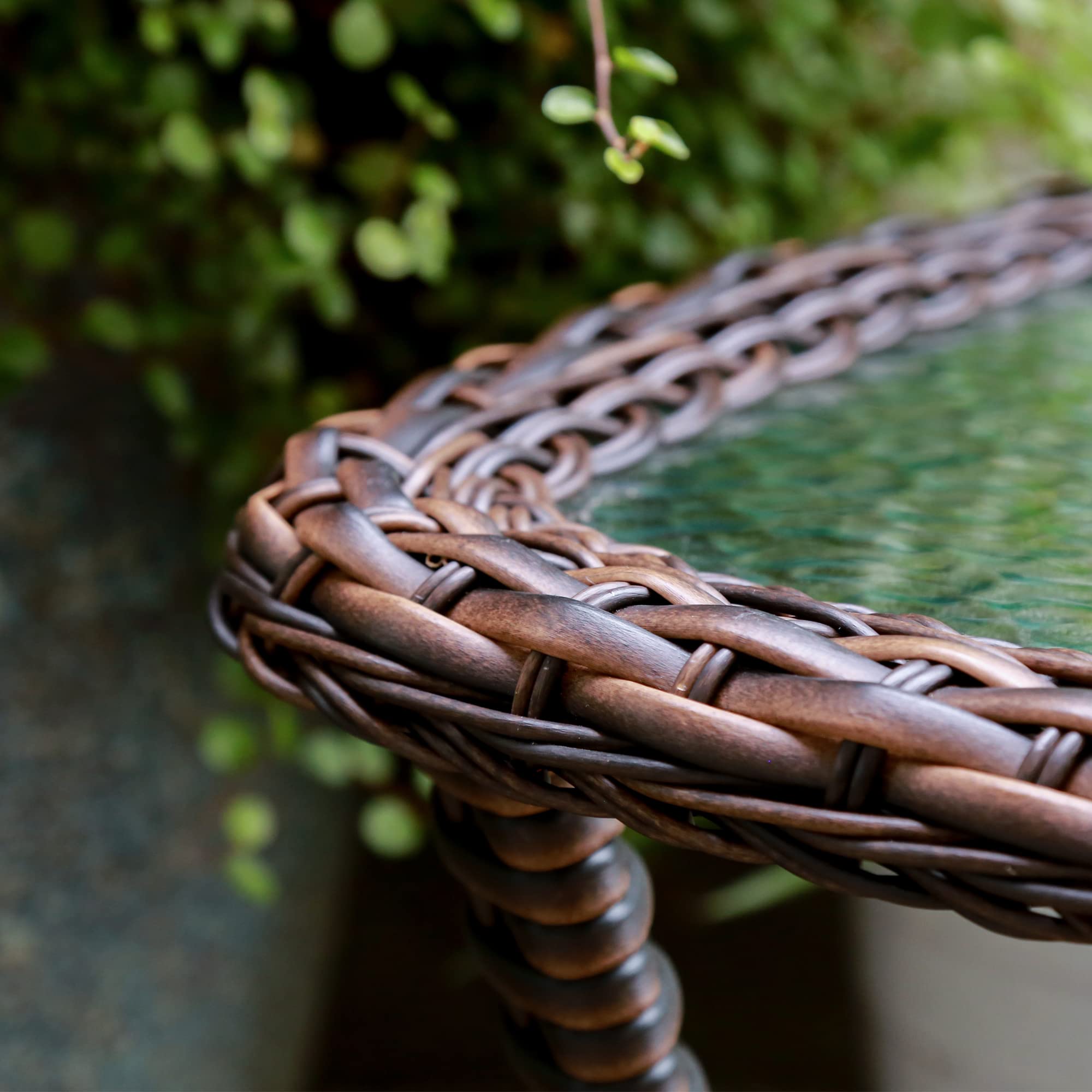 Brown Outdoor Wicker Coffee Table with Tempered Glass Top & Storage Shelf - Steel Frame Rattan Side Table for Patio, Backyard, Lawn, Balcony & Pool Area - Perfect for Lounging, Entertaining & Relaxing Outdoors