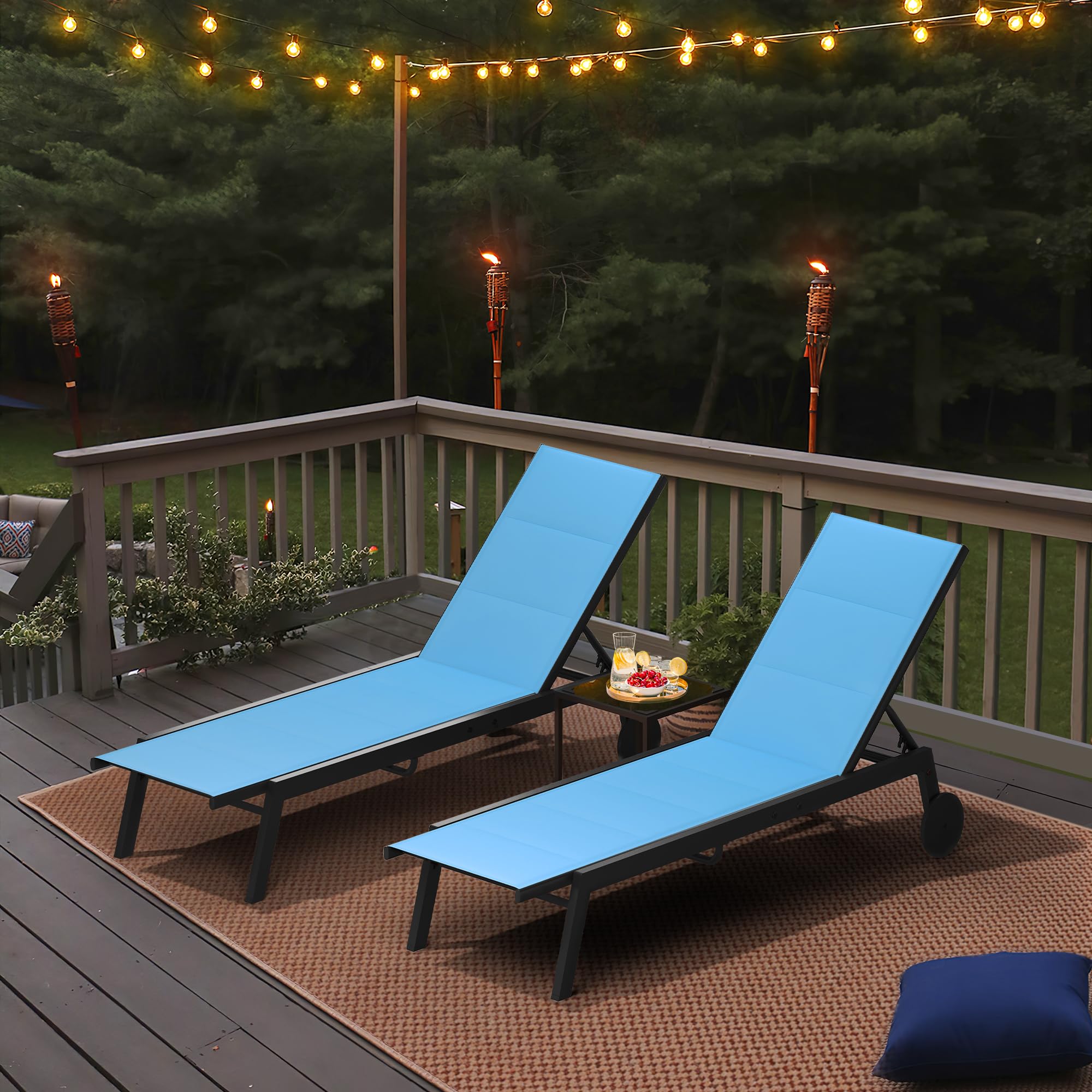 YITAHOME 3-Piece Patio Chaise Lounge Set with Side Table - Adjustable Backrest Outdoor Lounge Chairs with Padded Fabric & Wheels - Perfect for Poolside, Beach, Patio & Porch Relaxation - Blue