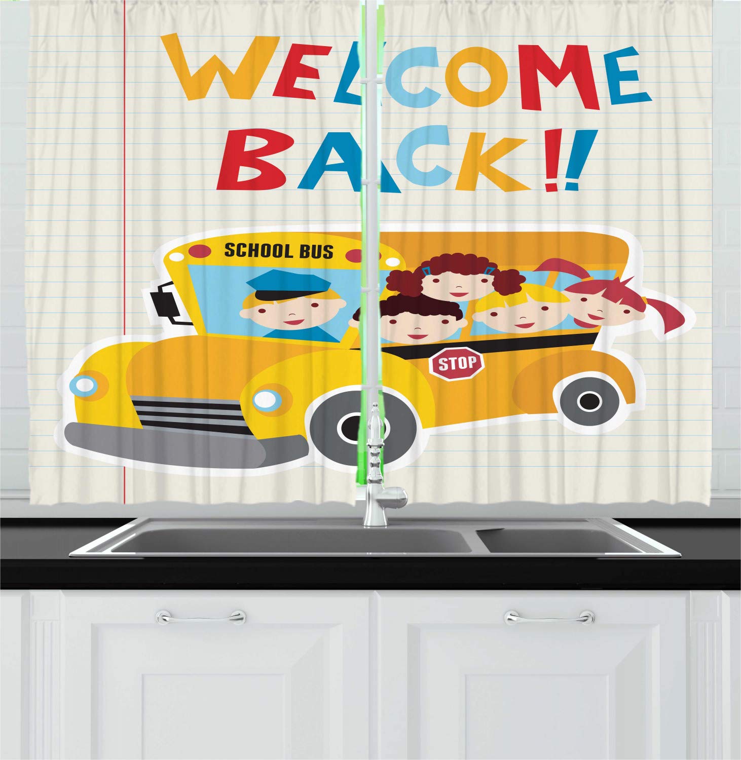 Ambesonne Bus Kitchen Curtains - Welcome Back Typography Cartoon Design, 2 Panel Set for Window Drapes (55