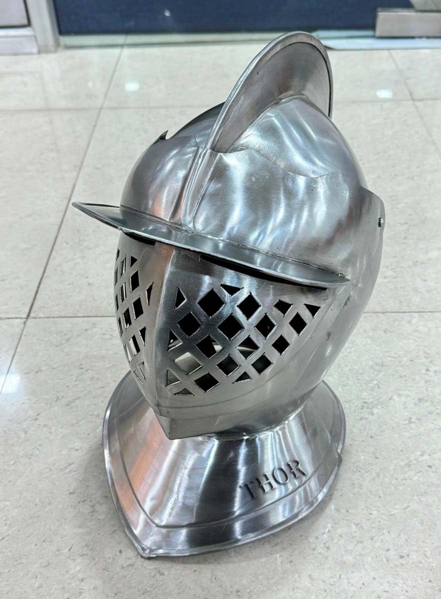 THOR INSTRUMENTS Medieval Knight Helmet - Silver Crusader Battle Armor Close Helmet for LARP, Cosplay & Historical Reenactment