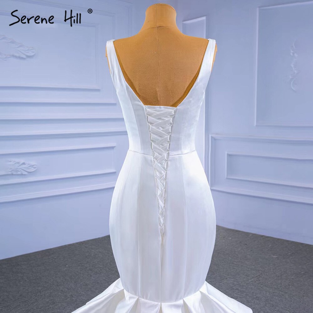 Serene Hill White Satin Mermaid Wedding Dress 2025 | Elegant Tiered Bridal Gown | Custom Made Plus Size Bride Dress for Beach, Church & Formal Weddings - HM67312