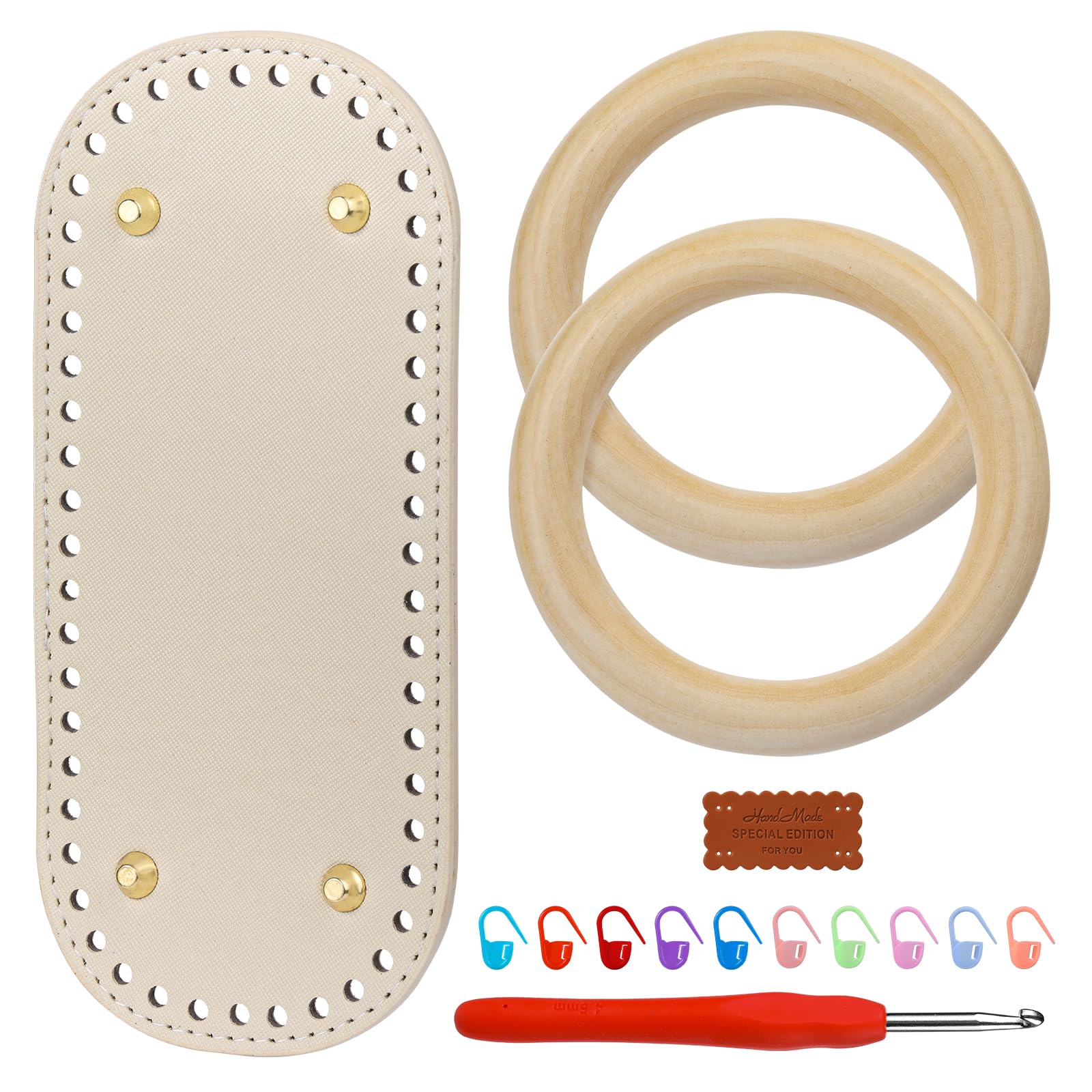 Premium PU Leather Bag Bottom Shaper & Round Handles Set with Crochet Hook - DIY Purse Making Kit for Handbags, Tote Bags & Clutches - Includes Sewing Needles & Leather Labels (Perfect for Crafting, Gifts & Fashion Accessories)